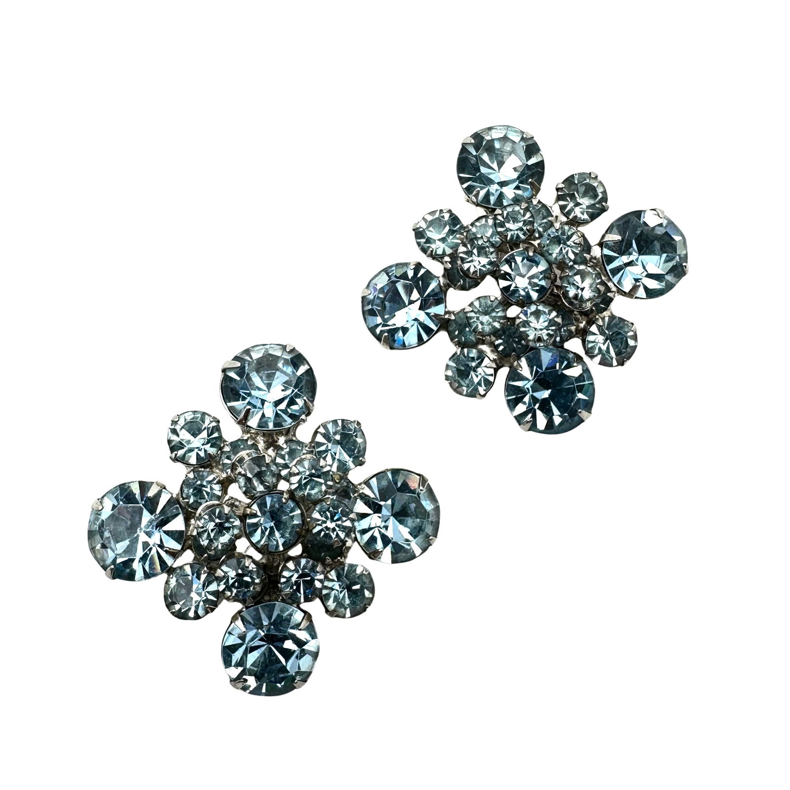 Vintage Juliana Blue Glass Rhinestone Silver Tone Clip Earrings 1.5 Inch (1 of 2)