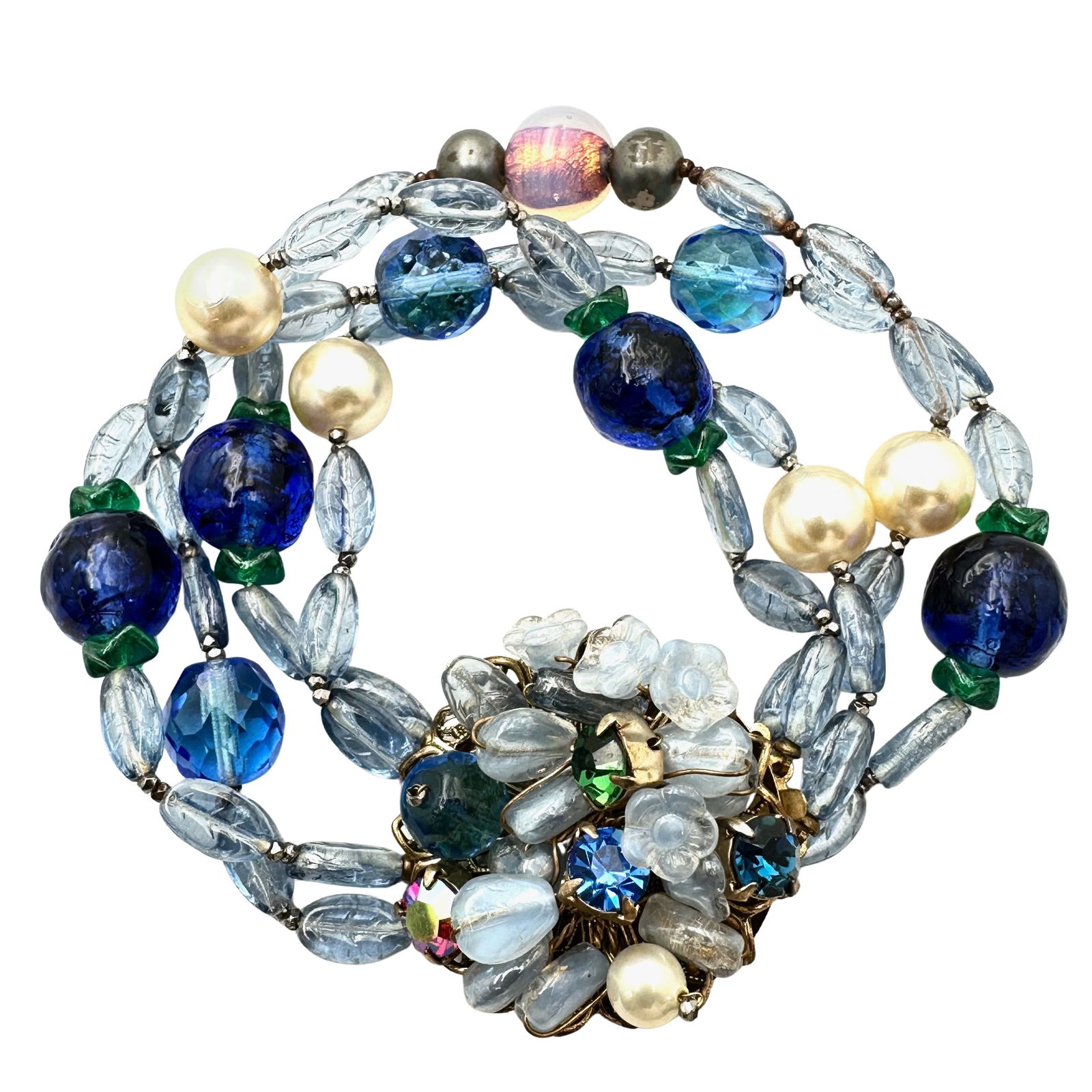 Vintage Unsigned Blue Glass Bead Multi Strand Gold Tone Bracelet 7.5 Inch (1 of 2)