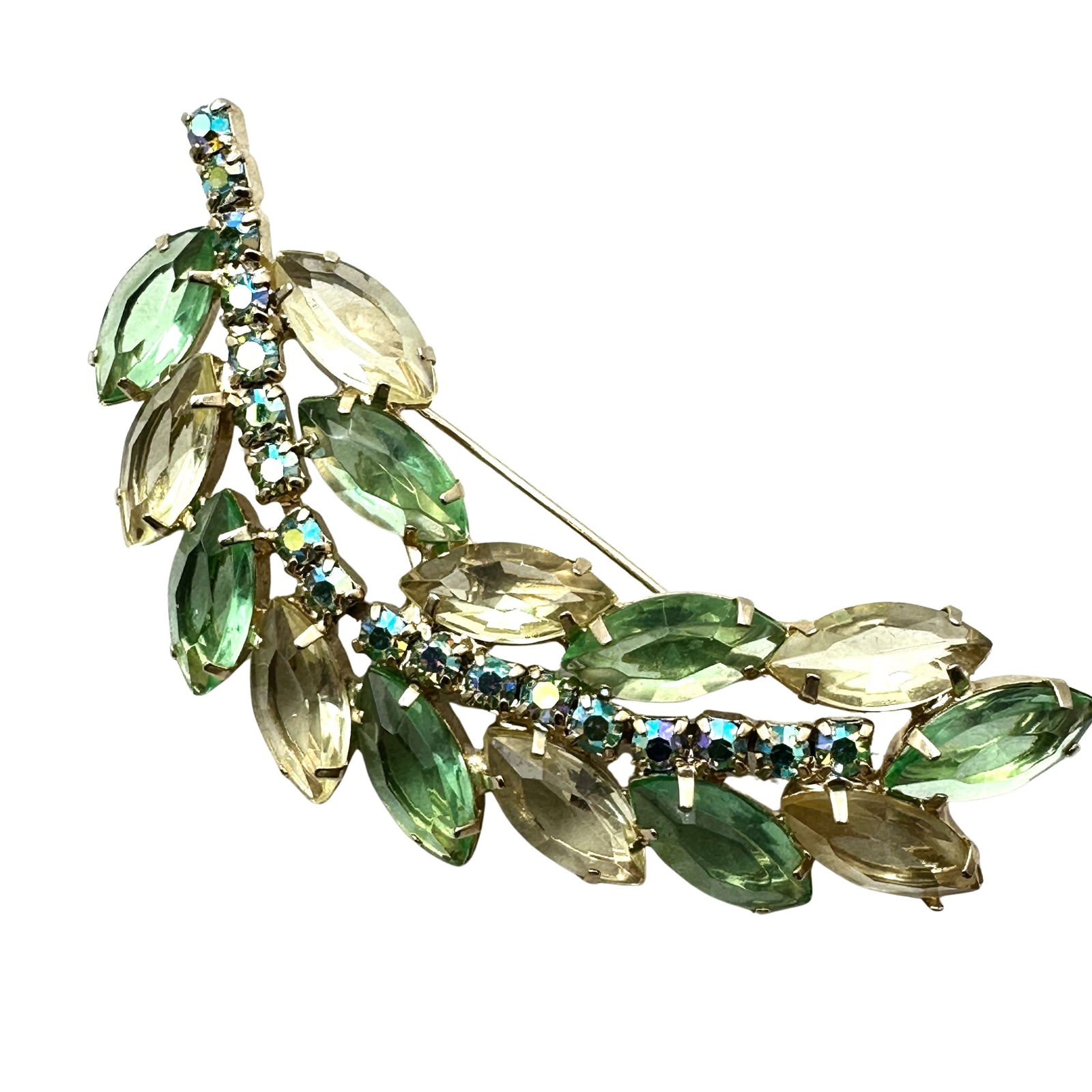 Vintage High End Yellow Green Glass Rhinestone Gold Tone Brooch Pin 3 Inch (1 of 2)