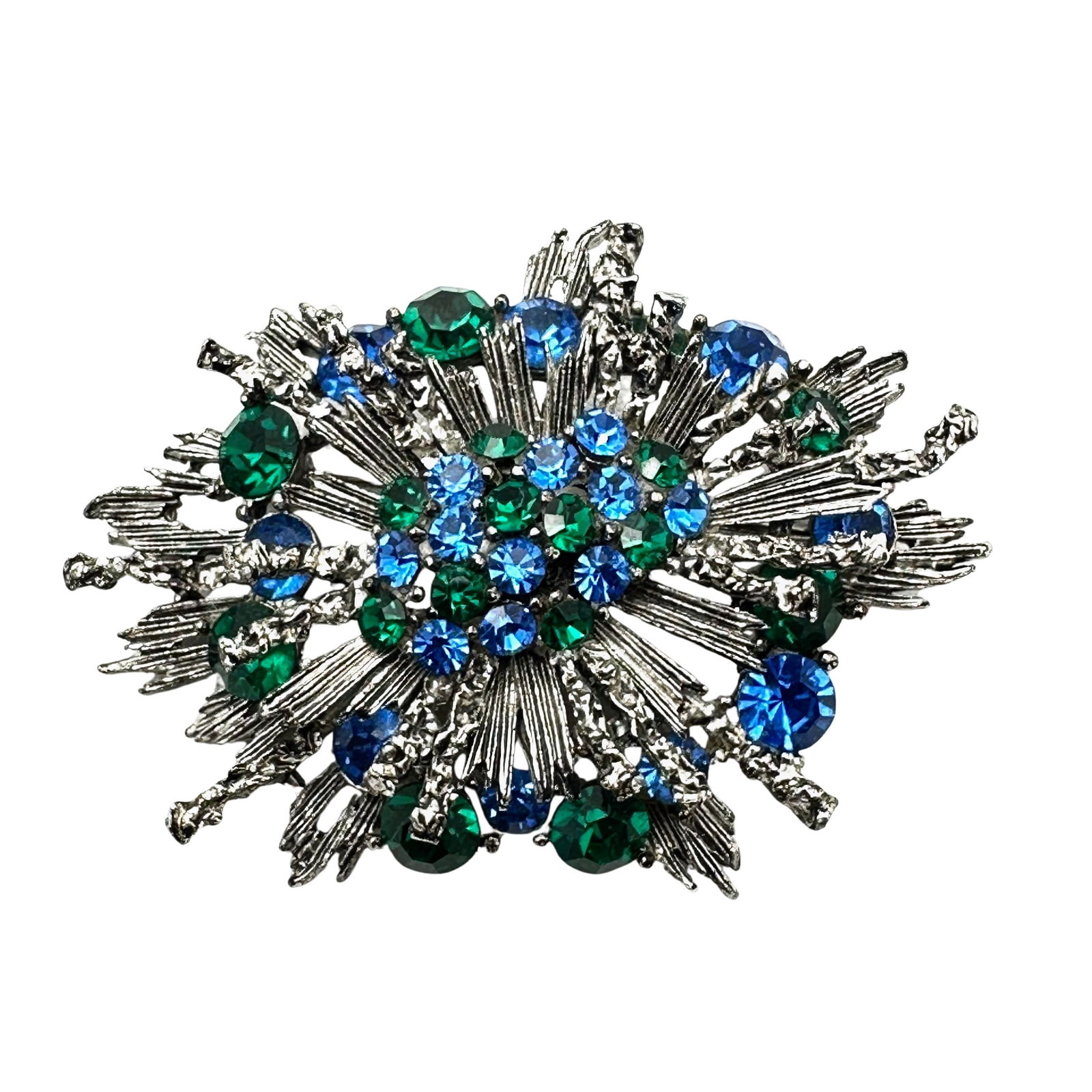 Vintage Blue And Green Glass Rhinestone Silver Tone Brooch Pin 2.5 Inch (1 of 2)
