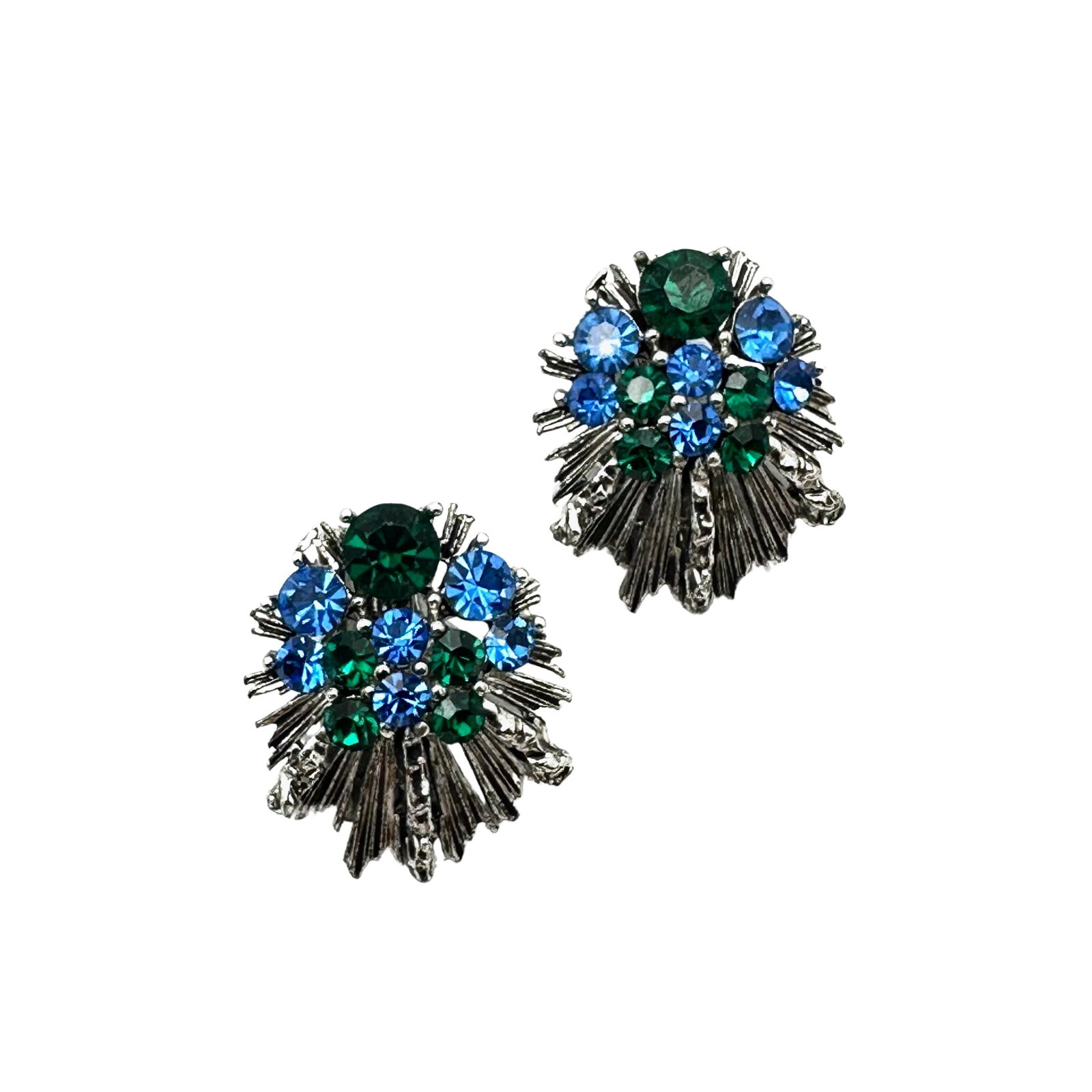 Vintage Blue And Green Glass Rhinestone Silver Tone Clip Earrings 1 Inch (1 of 2)