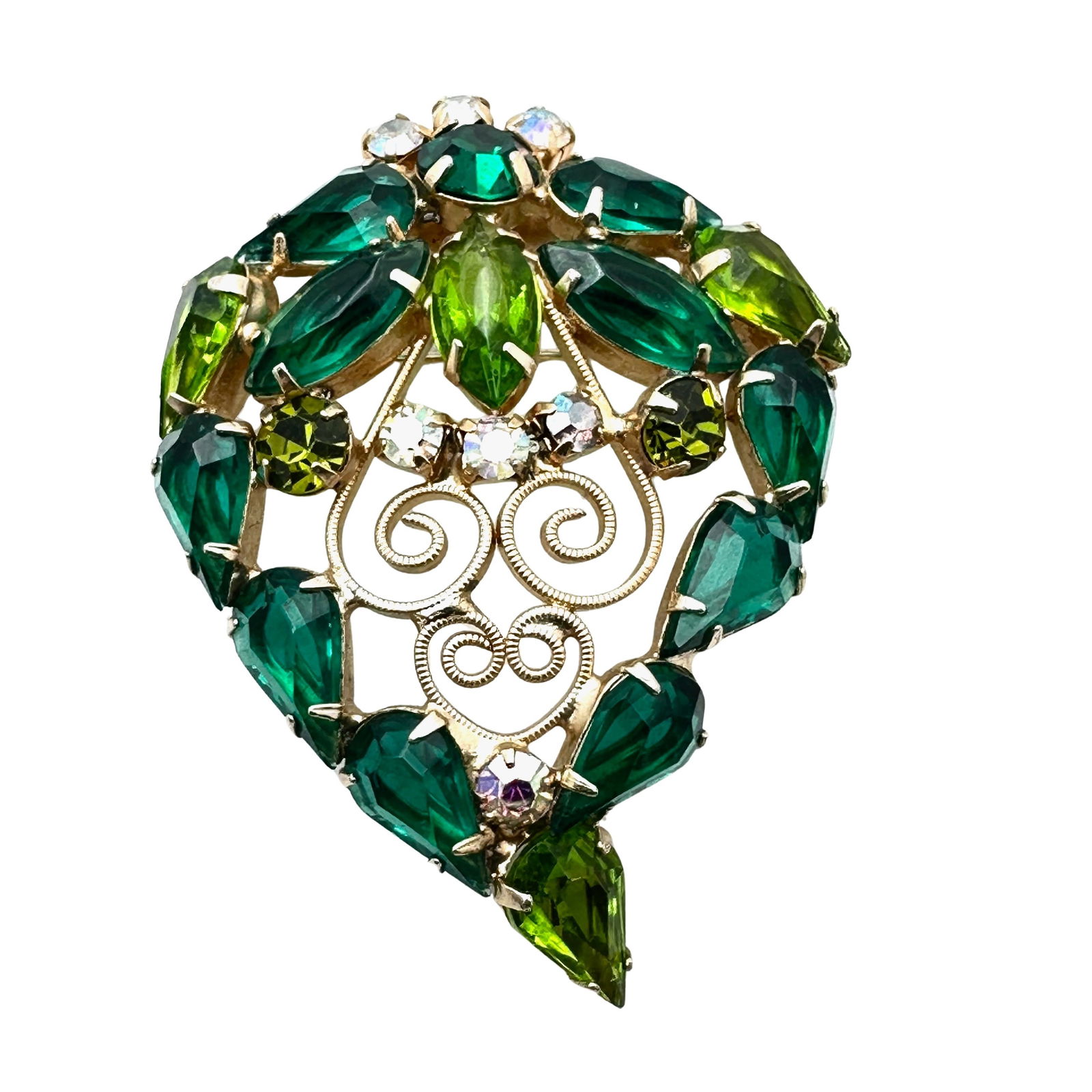 Vintage Juliana? Shades of Green Glass Rhinestone Gold Tone Brooch Pin 2 Inch (1 of 2)