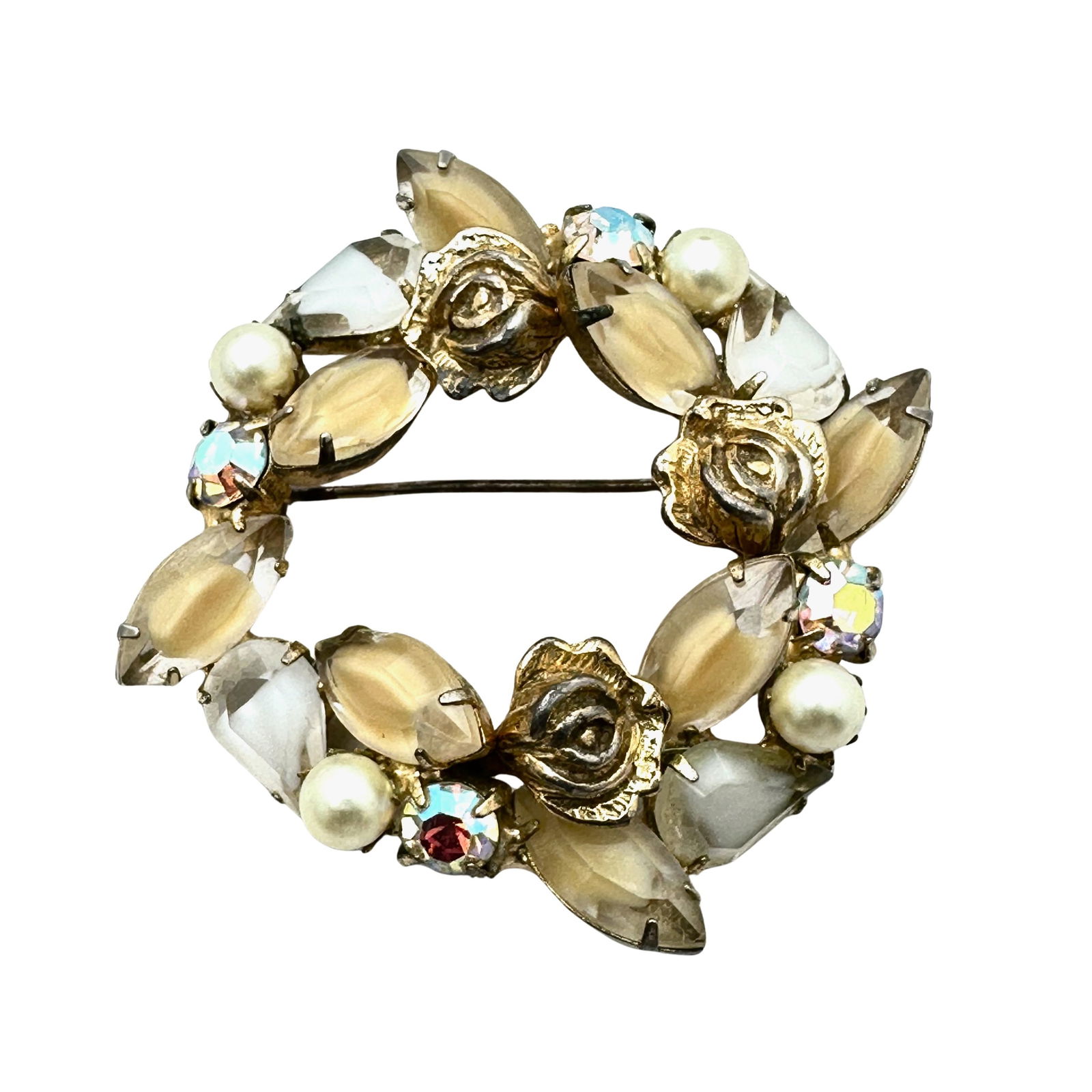 Vintage Unsigned White Givre Glass Gold Tone Rose Accent Brooch Pin 2 Inch: Vintage Unsigned White Givre Glass Gold Tone Rose Accent Brooch Pin 2 Inch