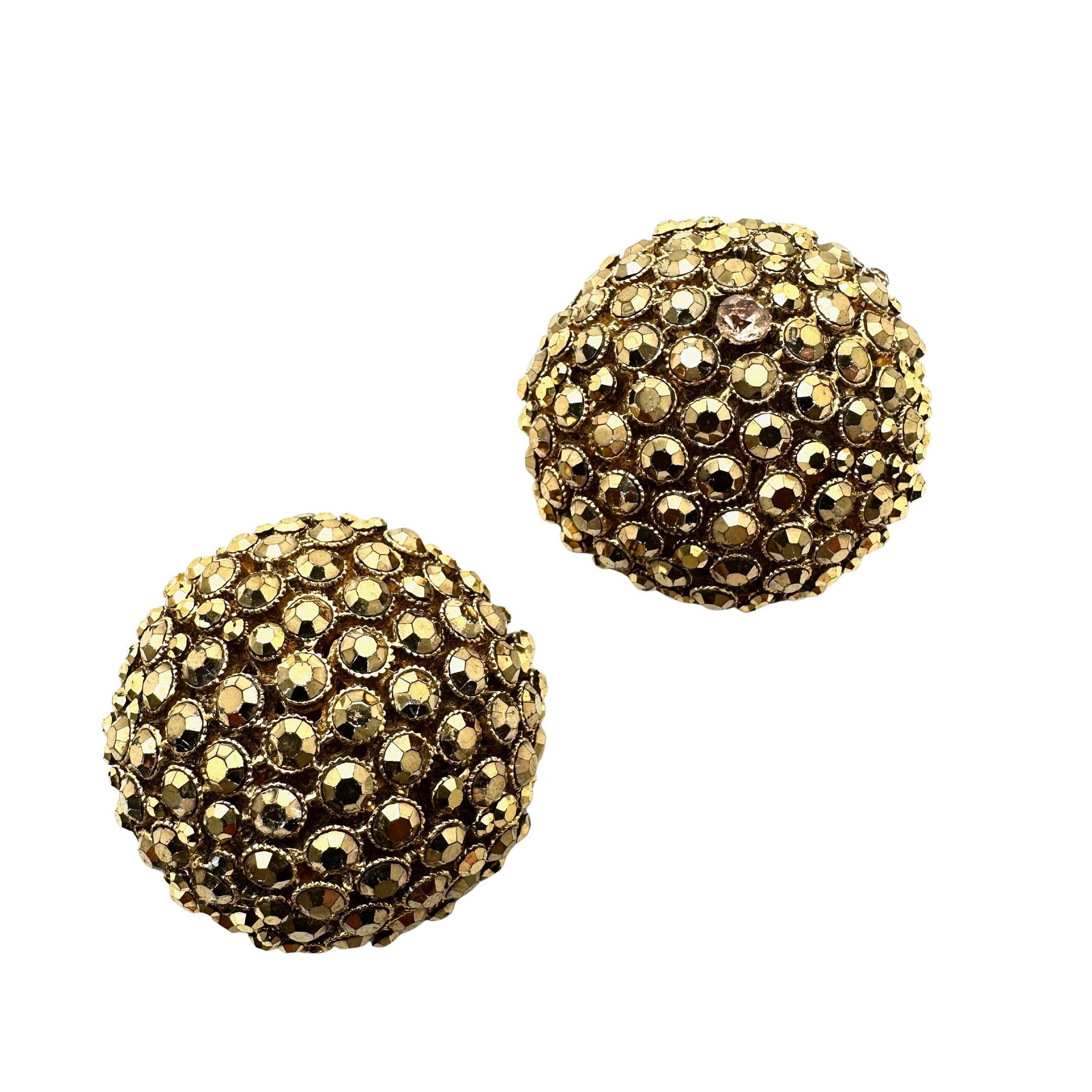 Vintage High End Unsigned Gold Crystal Gold Tone Clip Earrings Domed Design 1.75 Inch (1 of 2)