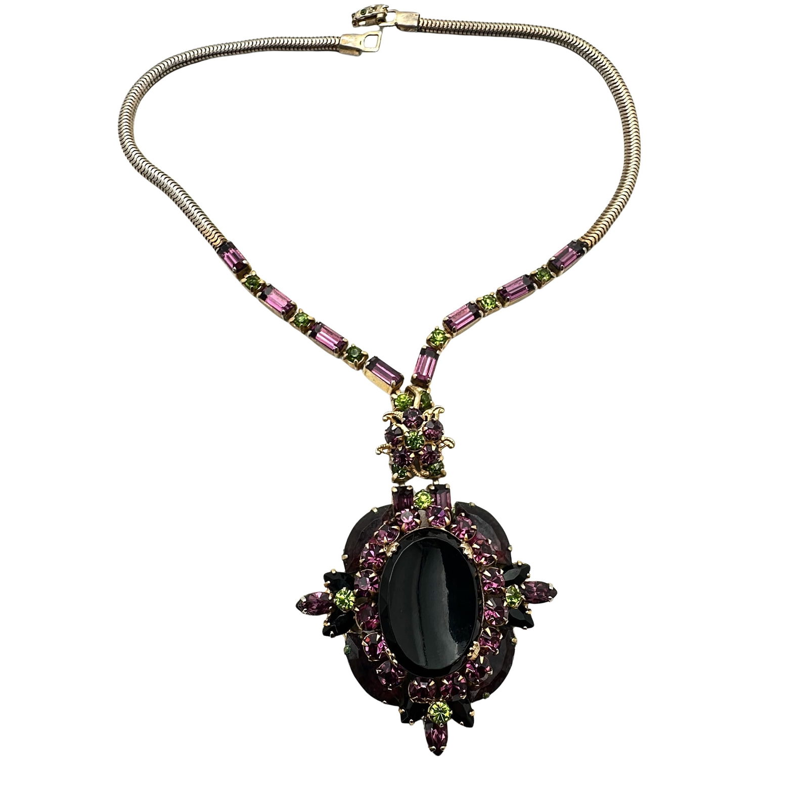 Vintage Juliana Purple Green Glass Rhinestone Gold Tone Pendant Necklace 15 Inch (1 of 3)