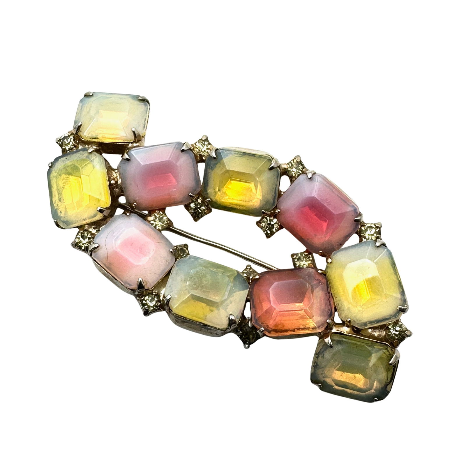Vintage Kramer New York White Pink Yellow Givre Glass Rhinestone Gold Tone Brooch Pin 2.5 Inch (1 of 2)