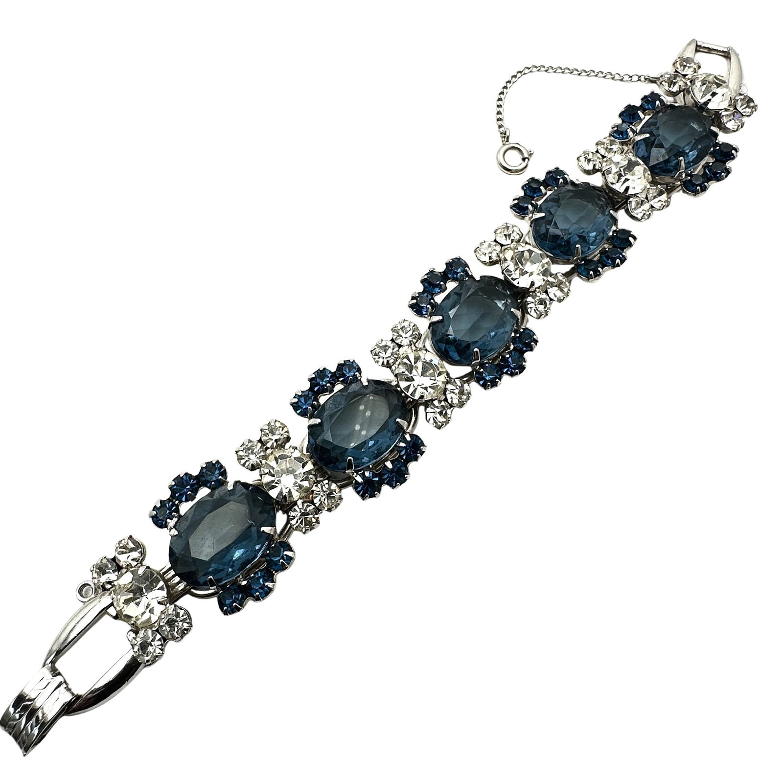 Vintage Juliana Blue And Clear Glass Rhinestone Five Link 7 Inch Silver Tone Bracelet (1 of 2)