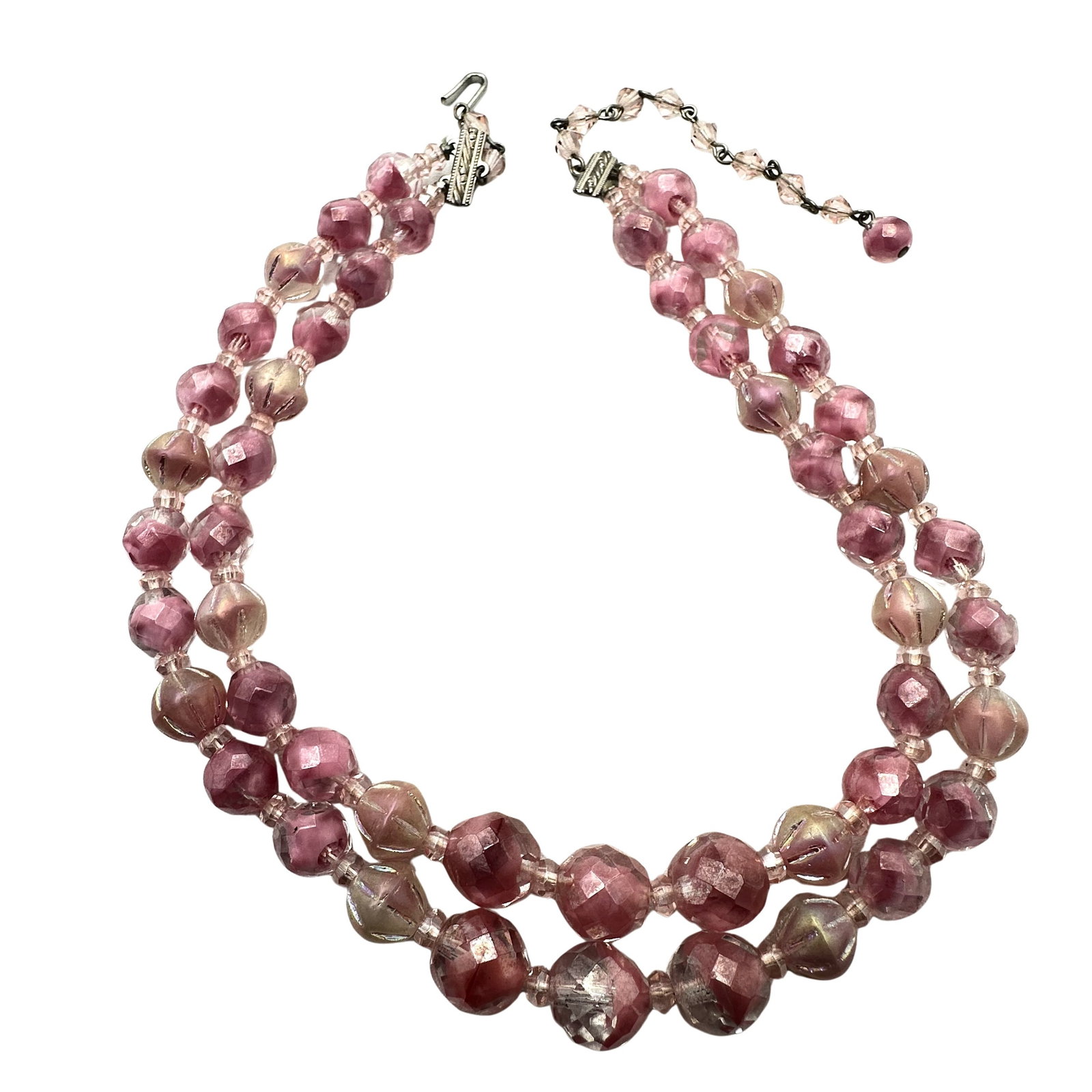 Vintage Pink Glass Bead Necklace Silver Tone 16 to 18 Inch Necklace (1 of 2)