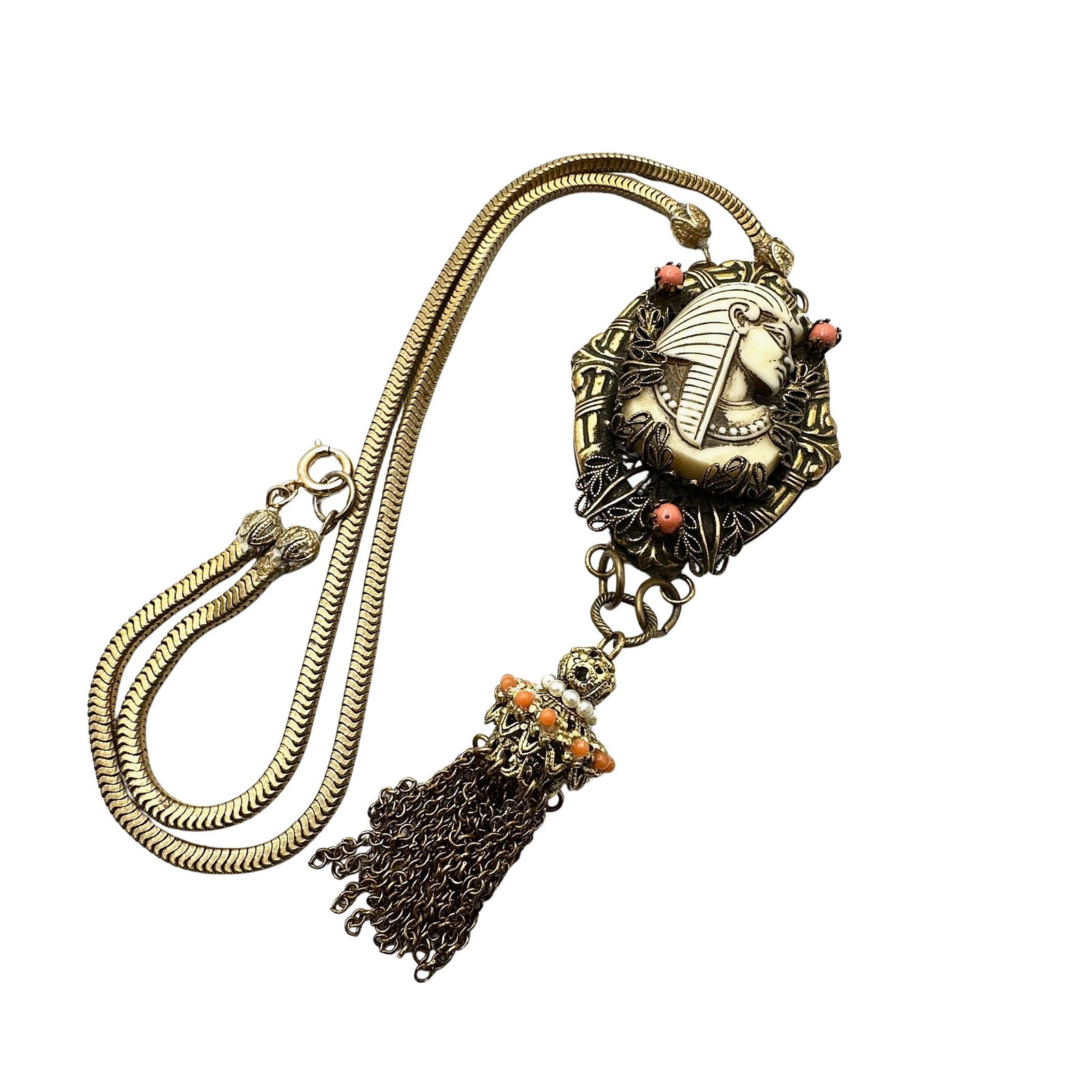 Vintage Selro Selini Egyptian Pharaoh Lucite Gold Tone Pendant Necklace 18 Inch Wearable Length (1 of 2)