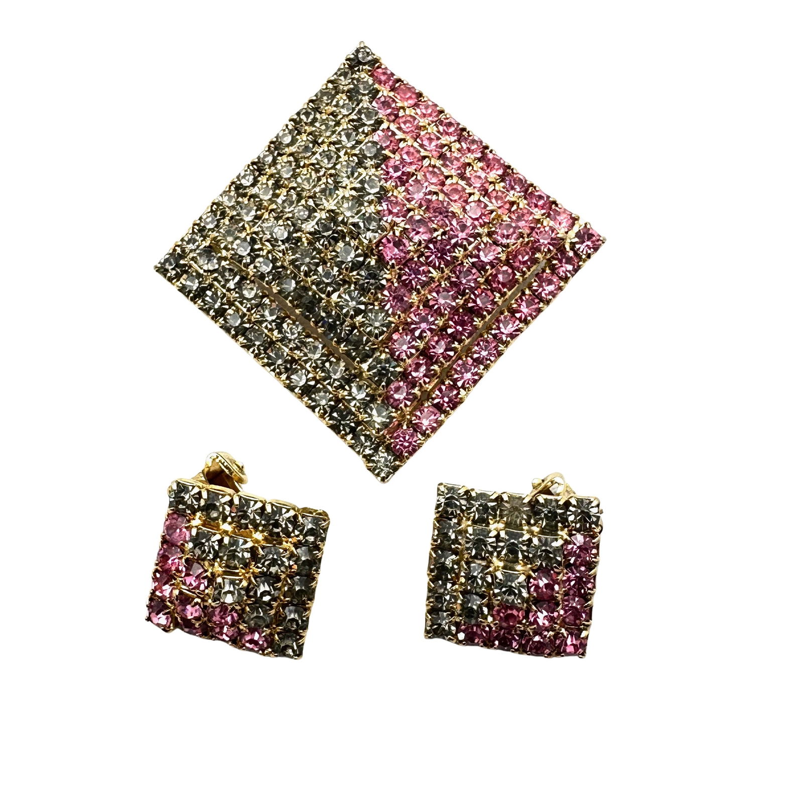 Vintage Pink and Grey Glass Rhinestone Gold Tone Brooch Pin And Clip Earrings (1 of 2)