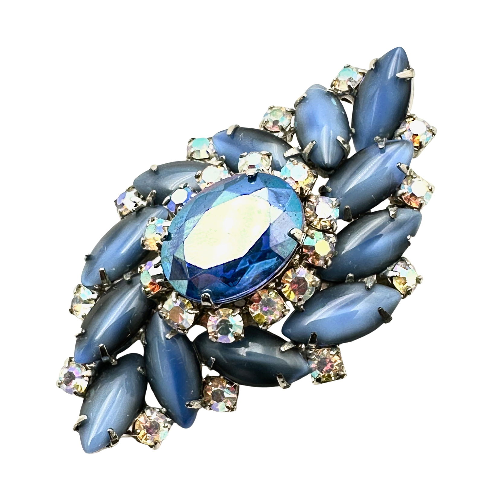 Vintage High End Unsigned Blue Glass Rhinestone Silver Tone Brooch Pin 2.5 Inch (1 of 2)