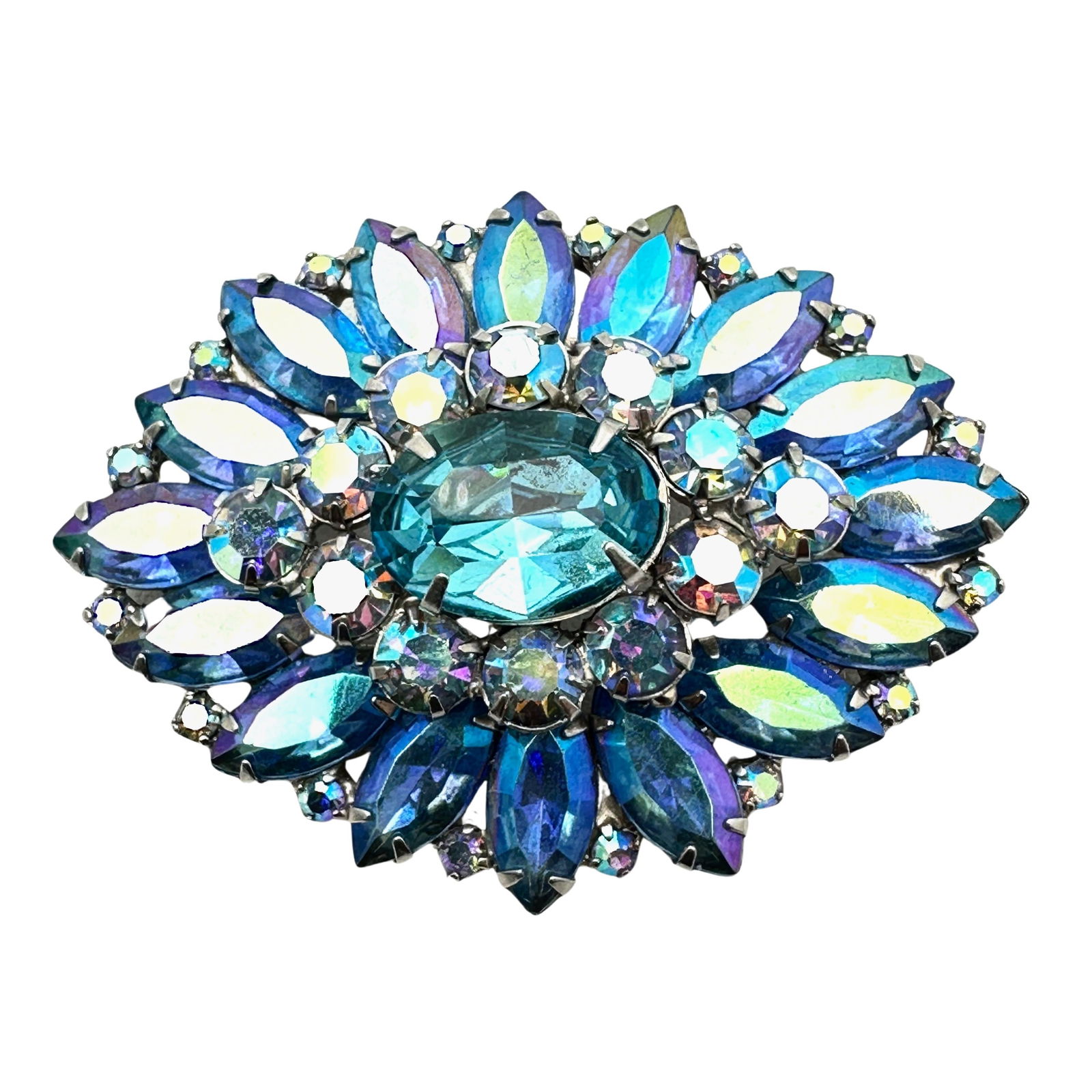 Vintage High End Blue Glass Rhinestone Aurora Borealis Silver Tone Brooch Pin 2.5 Inch (1 of 2)