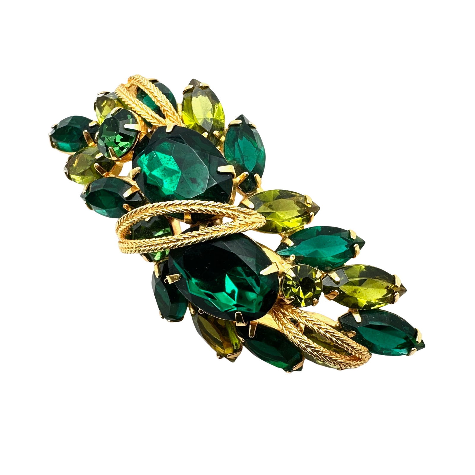 Vintage Shades of Green Glass Rhinestone Gold Tone Brooch Pin 3 Inch (1 of 2)