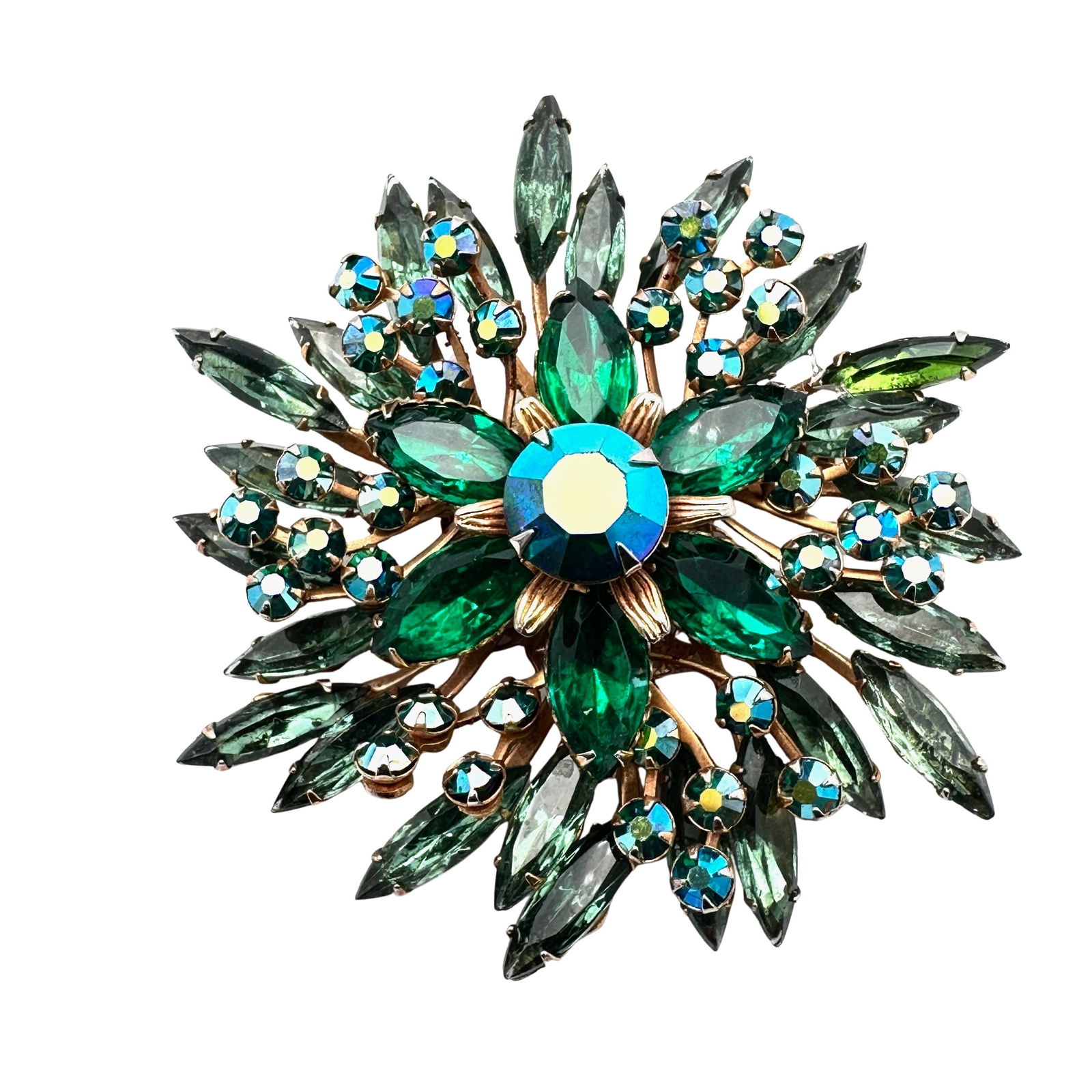 Vintage Shades of Green Glass Rhinestone Gold Tone Brooch Pin 2.5 Inch Unsigned Beau Jewels or Judy (1 of 2)