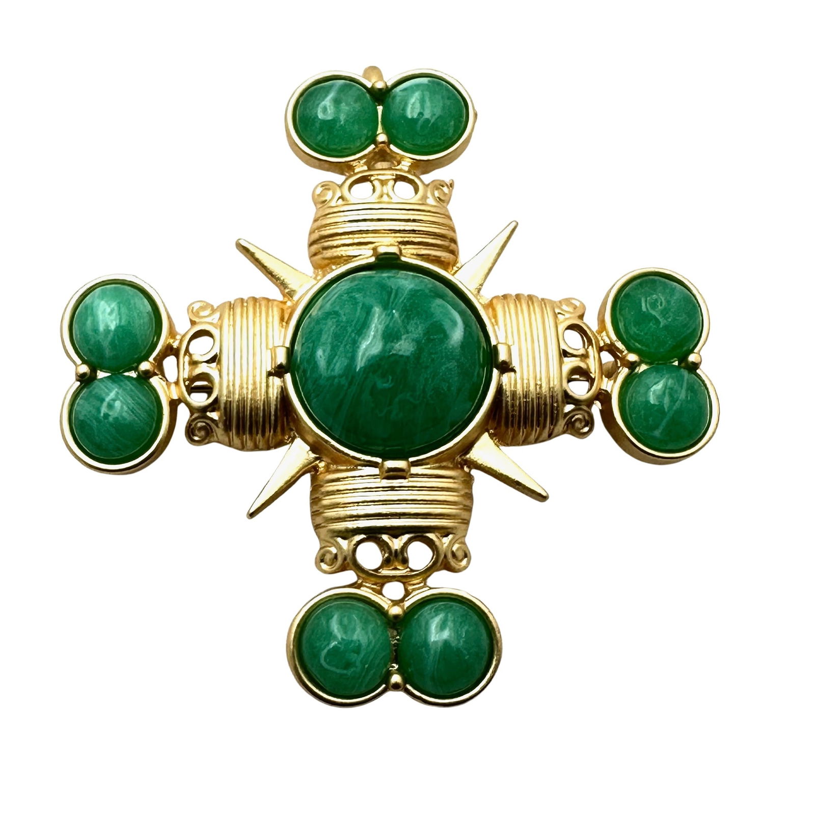 Green Swirl Cabochon Matte Gold Tone Maltese Cross Brooch Pin Pendant 2.25 Inch (1 of 2)