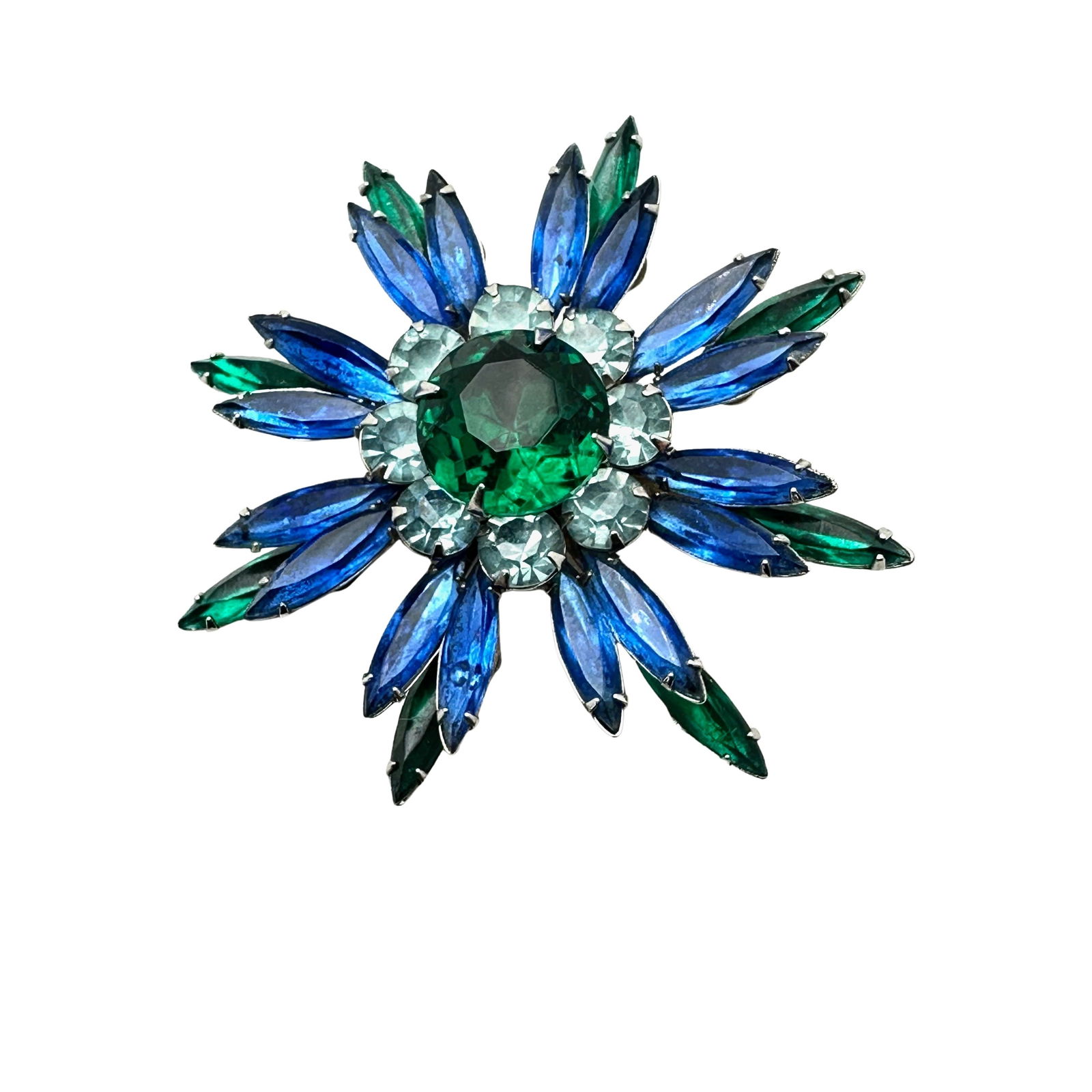 Vintage Blue Green Glass Rhinestone Silver Tone Flower Brooch Pin 2.5 Inch (1 of 2)