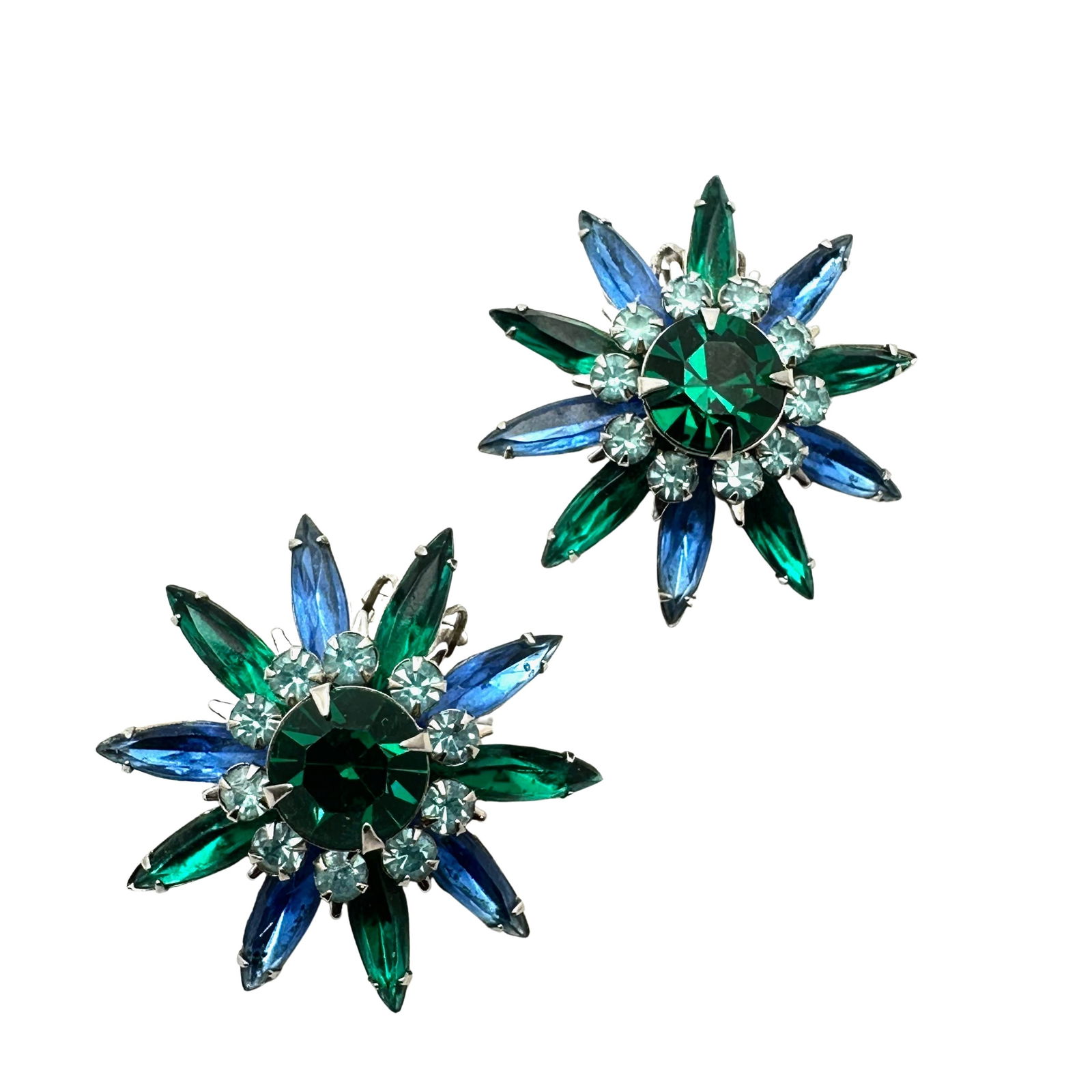 Vintage Blue Green Glass Rhinestone Silver Tone Clip Earrings 1.25 Inch (1 of 2)
