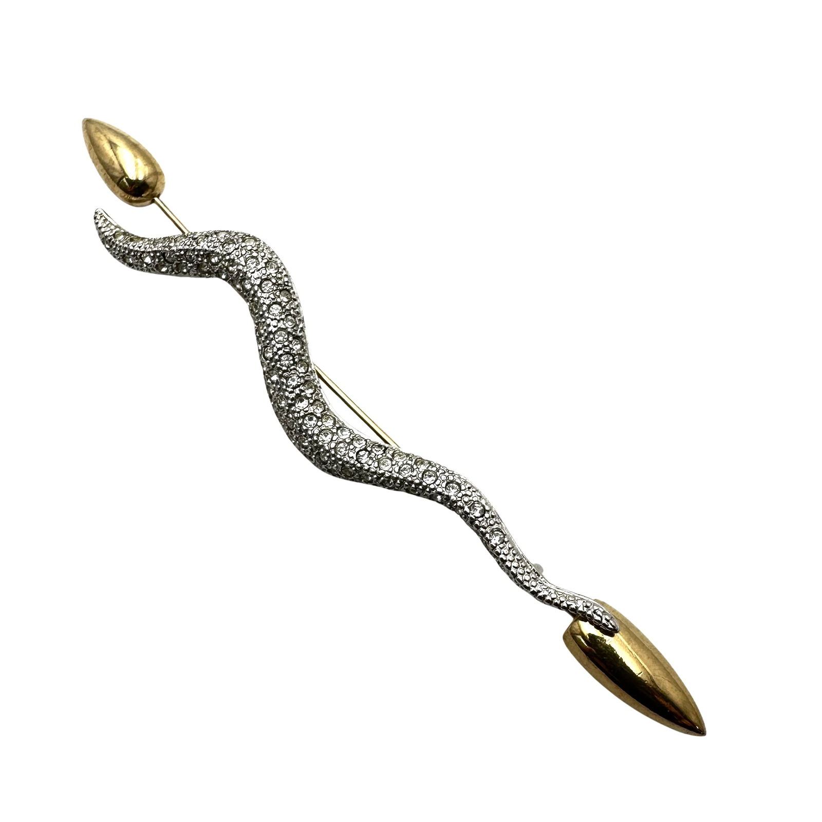 Vintage Clear Crystal Silver Gold Tone Brooch Pin 4.5 Inch Hallmarked PL: Vintage Clear Crystal Silver Gold Tone Brooch Pin 4.5 Inch Hallmarked PL