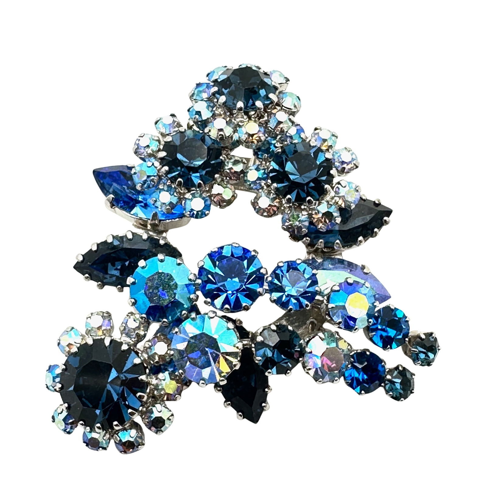 Vintage Austria Blue Aurora Borealis Glass Rhinestone Silver Tone Brooch Pin 2 Inch (1 of 2)