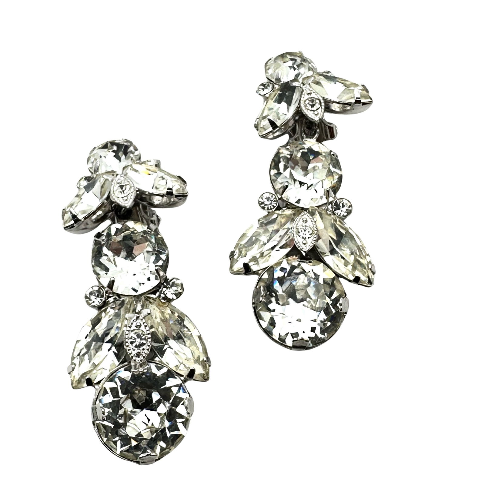 Vintage Eisenberg Ice Clear Glass Rhinestone Silver Tone Chandelier Clip Earrings 2 Inch (1 of 2)