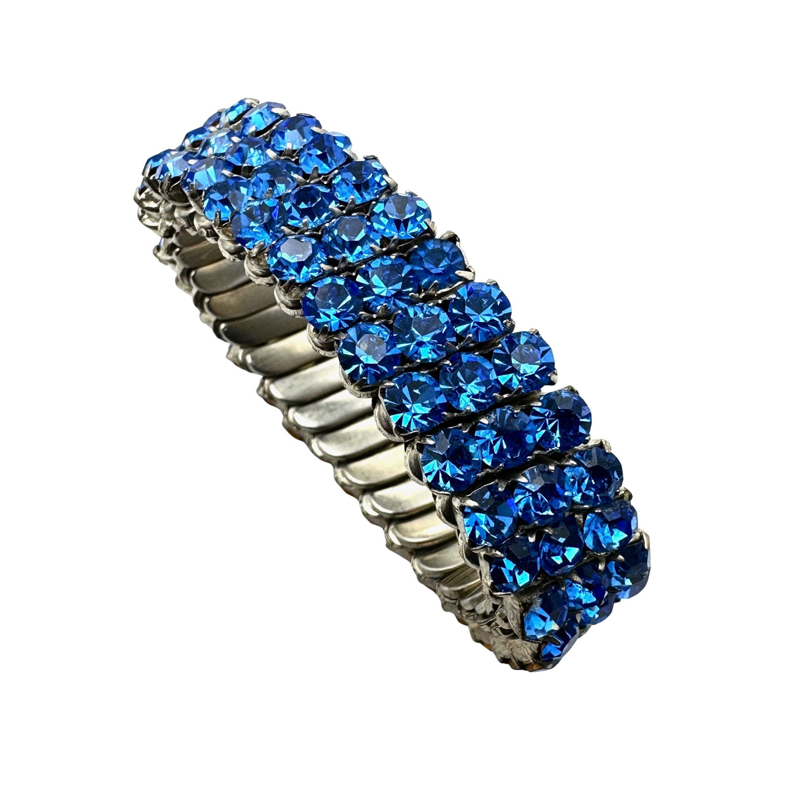 Vintage Blue Glass Rhinestone Silver Tone Expandable Bracelet (1 of 2)