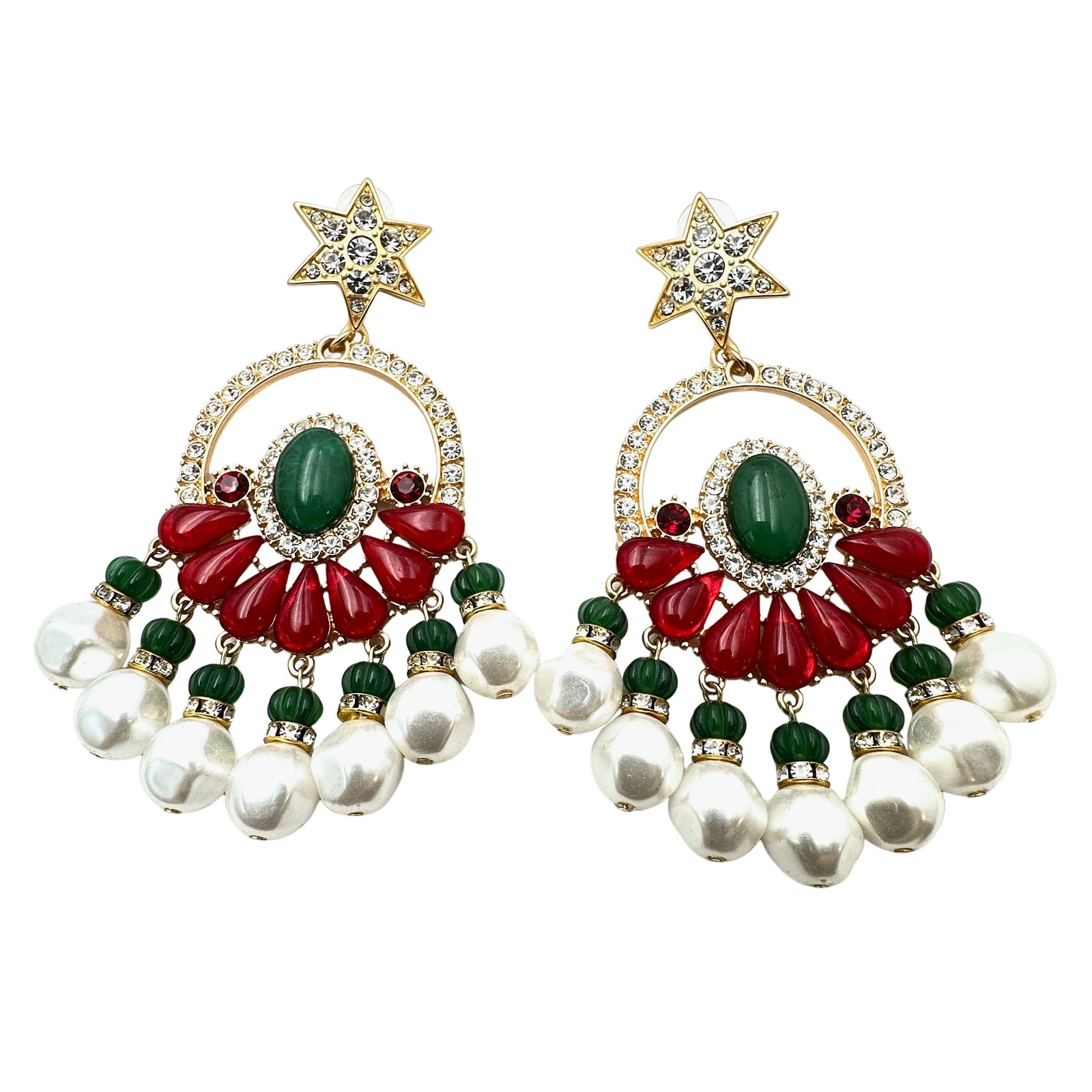 Red Green Crystal Faux Pearl Matte Gold Tone Chandelier Statement Earrings 4 Inch: Red Green Crystal Faux Pearl Matte Gold Tone Chandelier Statement Earrings 4 Inch