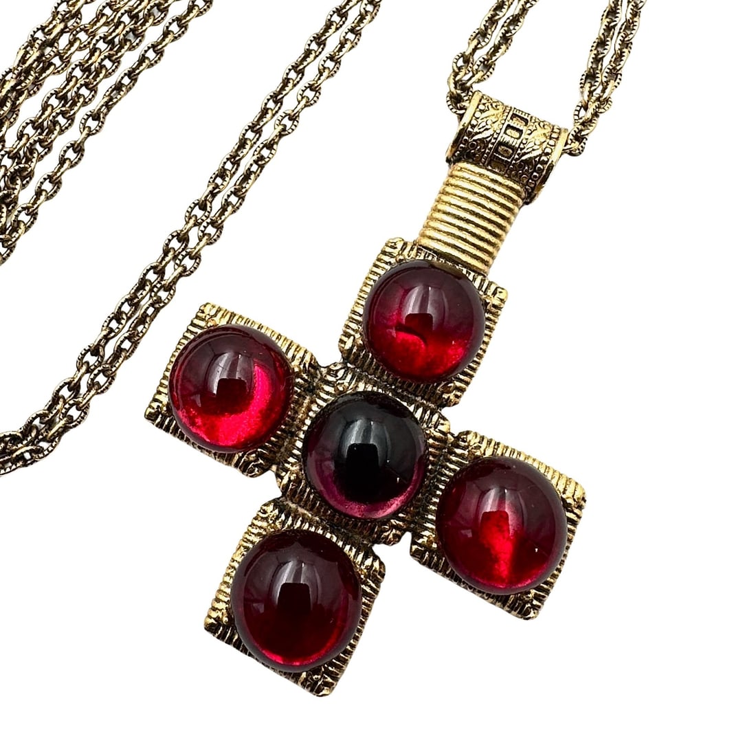 Vintage Red Purple Glass Cabochon Gold Tone Maltese Cross Pendant Necklace 24 Inch Chain (1 of 2)