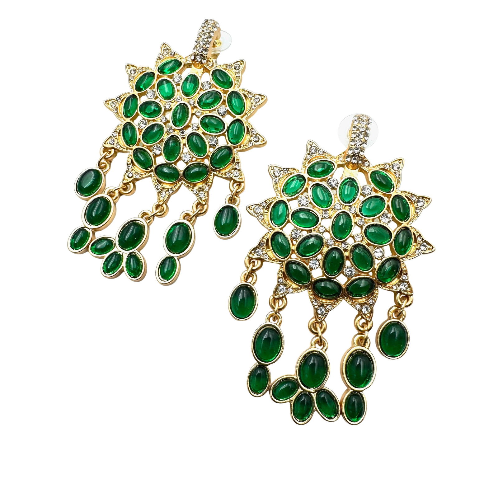 Clear Crystal Green Cabochon Matte Gold Tone Chandelier Pierced Earrings 3 Inch (1 of 2)