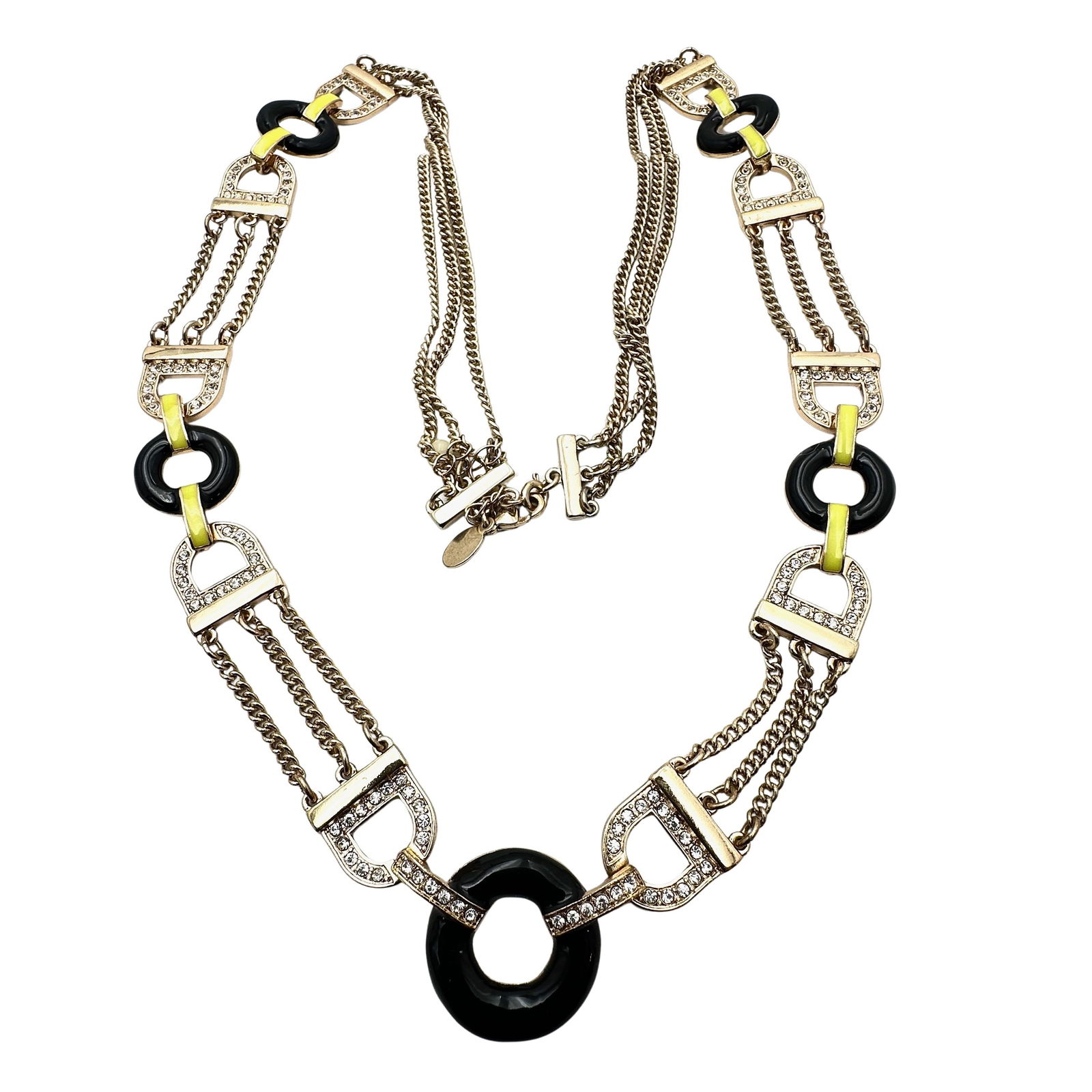 Vintage Clear Crystal Black Yellow Enamel Gold Tone Necklace 24 Inch: Vintage Clear Crystal Black Yellow Enamel Gold Tone Necklace 24 Inch