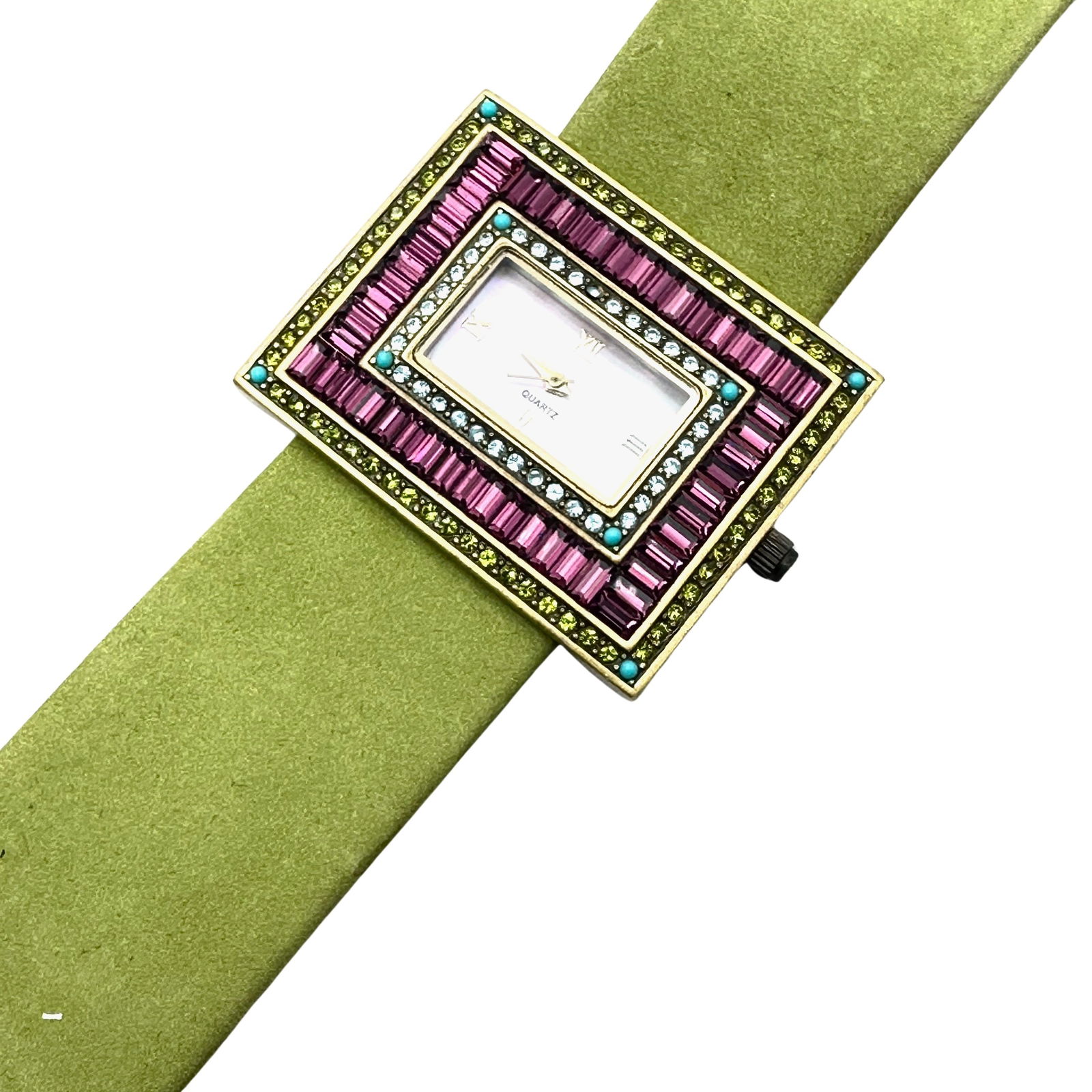 Heidi Daus Purple Crystal Green Suede Wide Band Watch Unworn Condition May Need Battery: Heidi Daus Purple Crystal Green Suede Wide Band Watch Unworn Condition May Need Battery