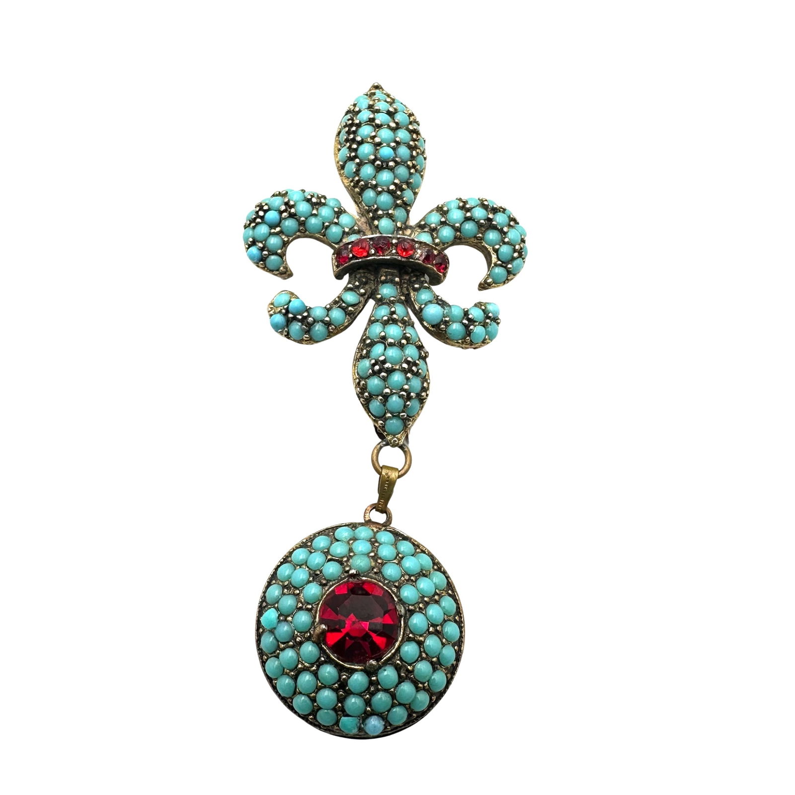 Vintage Faux Turquoise and Red Glass Stone Antiqued Gold Tone Fleur De Lis Brooch Pin 3 Inch (1 of 2)