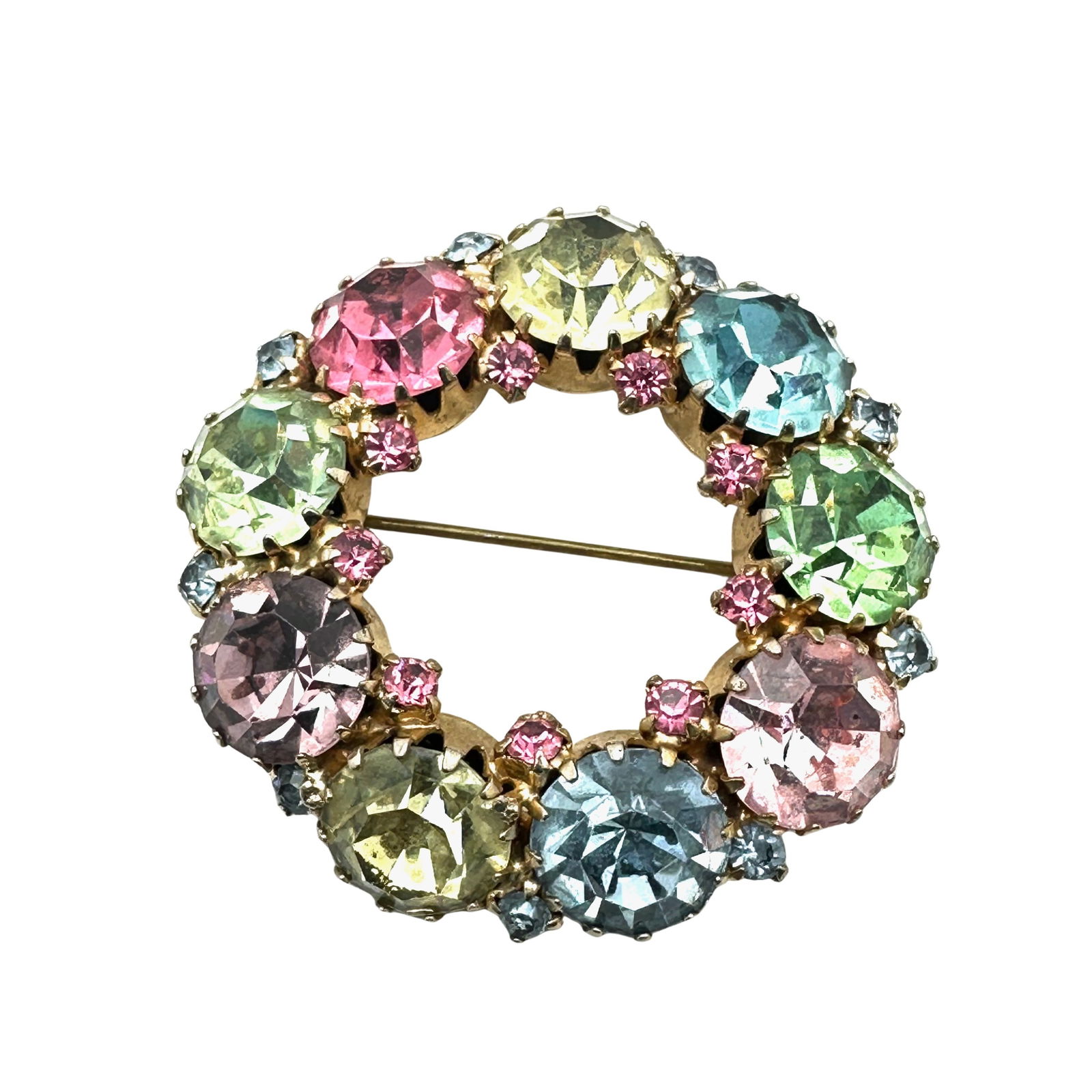 Vintage Unsigned Weiss Pastel Glass Rhinestone Gold Tone Brooch Pin1.75 Inch (1 of 2)