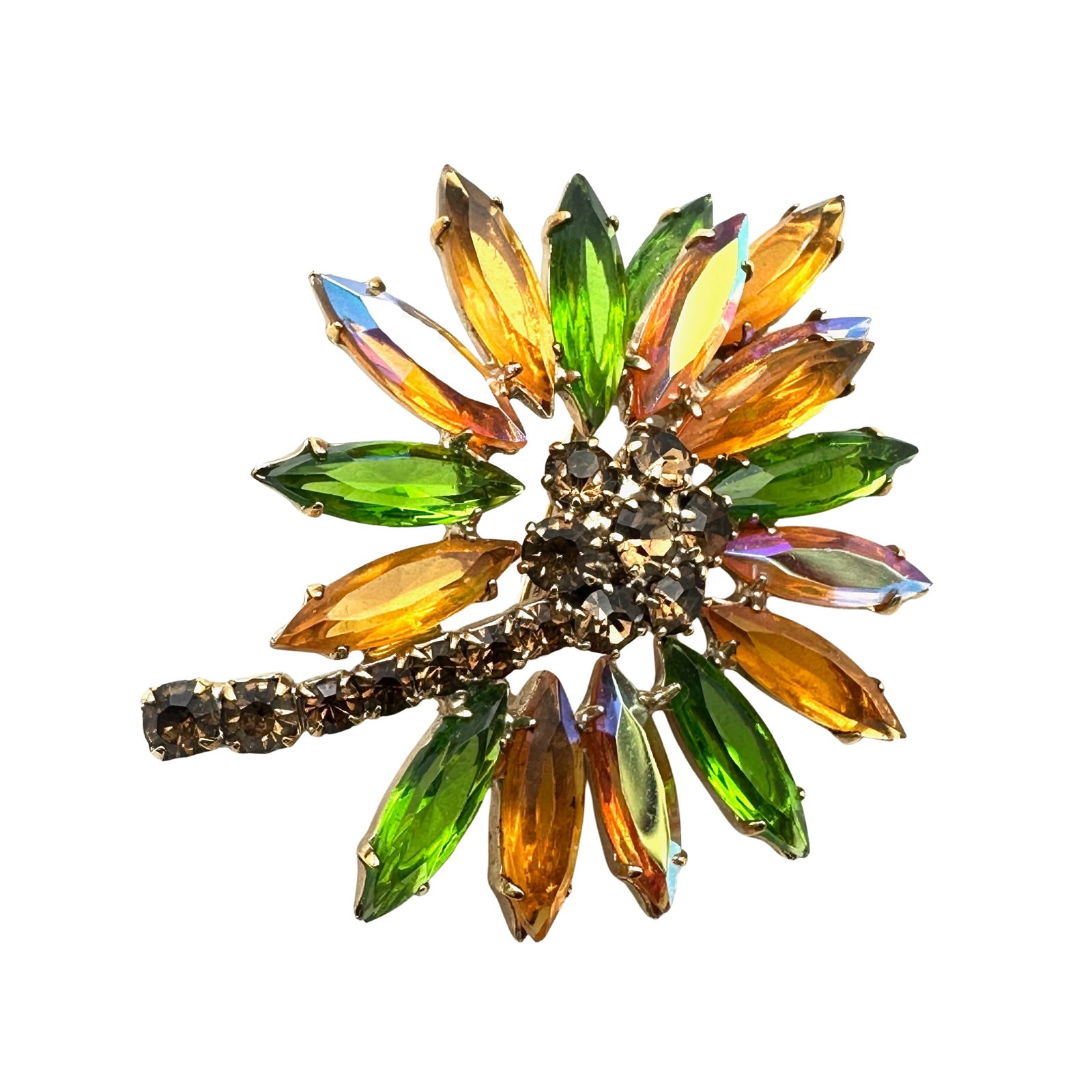 Vintage Amber Colored Red Glass Rhinestone Gold Tone Flower Brooch Pin 2 Inch (1 of 2)