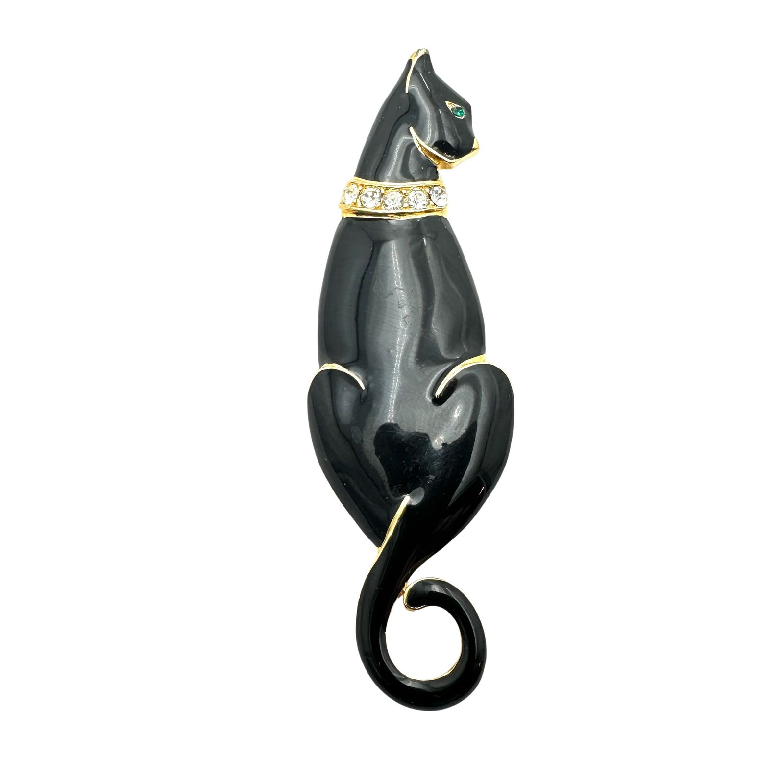 Vintage Trifari Black Enamel Clear Rhinestone Gold Tone Black Cat Brooch Pin 3 Inch (1 of 2)