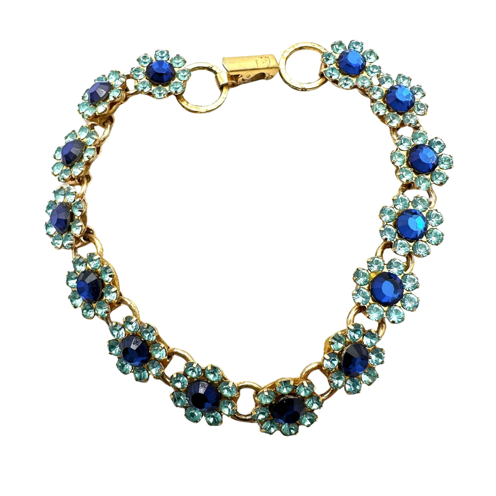 Vintage Blue Rhinestone Flower Design Gold Tone Bracelet 6.5 Inch (1 of 2)