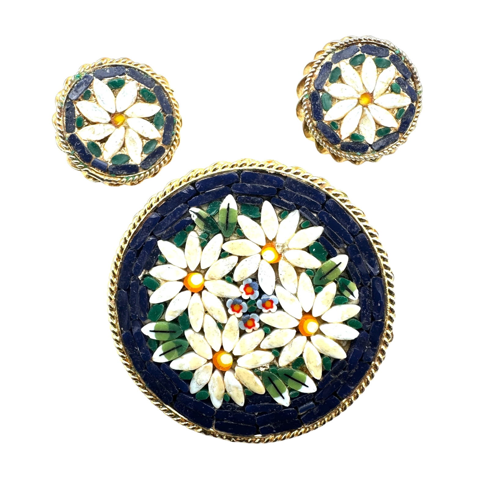 Vintage Italian Mosaic Glass Flower Design Gold Tone Brooch Pin Clip Earrings Set (1 of 2)