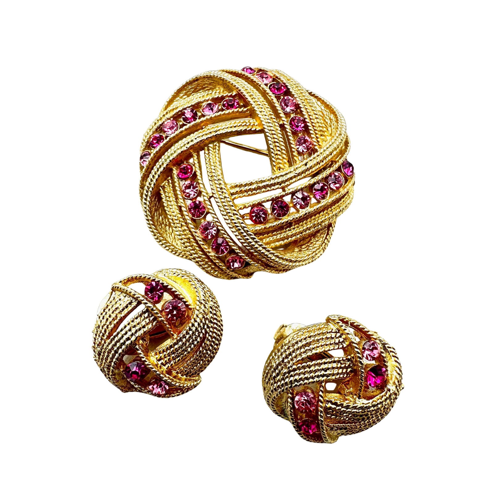 Vintage Pink Glass Rhinestone Gold Tone Brooch Pin Clip Earrings Set (1 of 2)