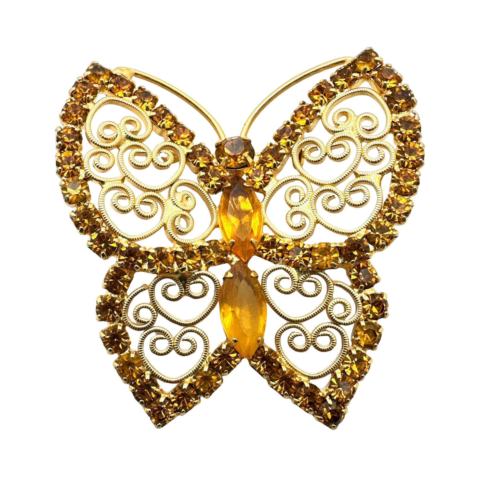 Vintage Juliana Amber Colored Glass Rhinestone Gold Tone Butterfly Brooch Pin Pendant 2.5 Inch (1 of 2)