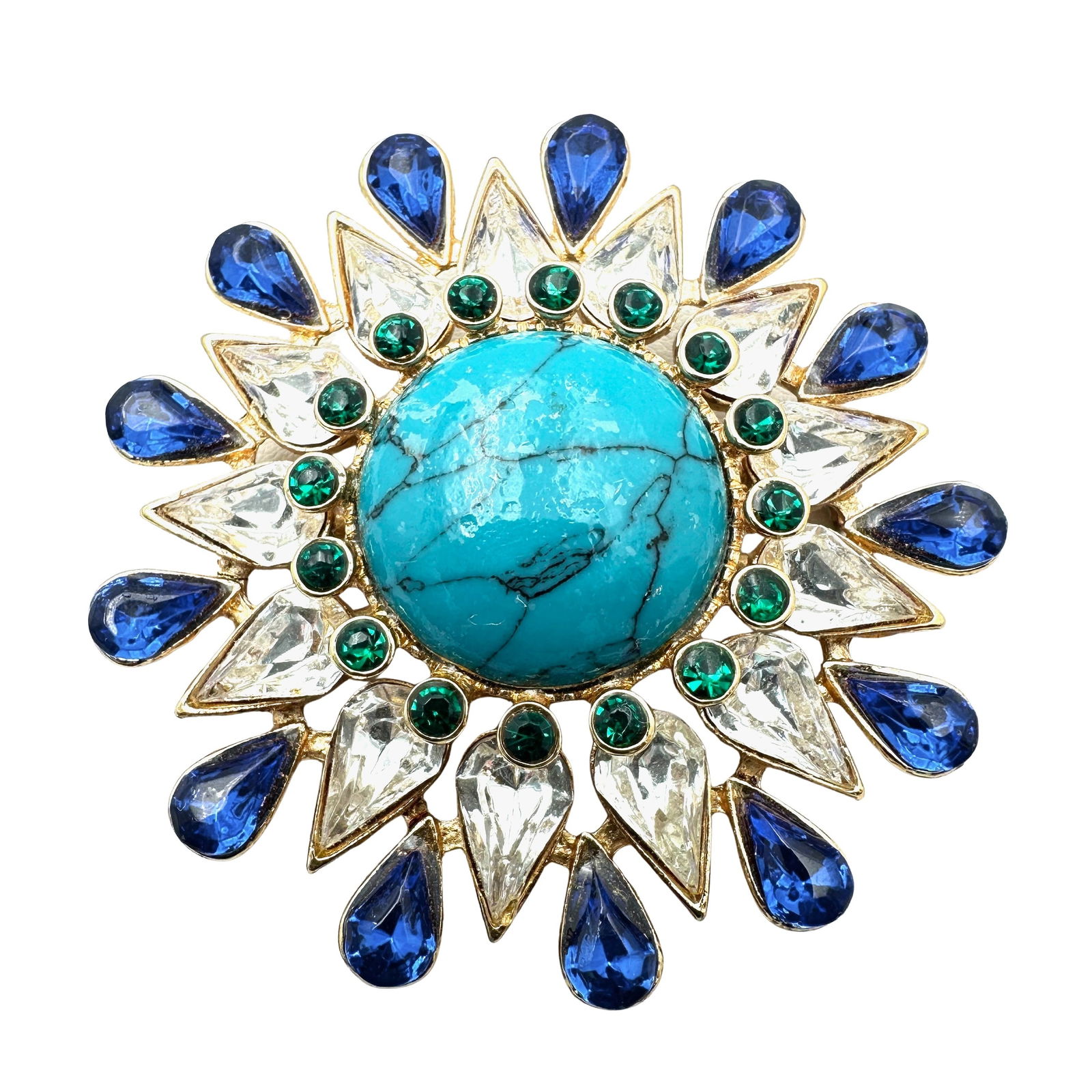 Vintage Rhinestone and Faux Turquoise Gold Tone Brooch Pin 2.5 Inch (1 of 2)