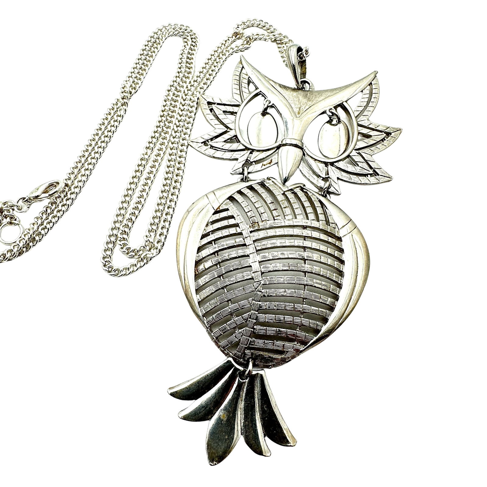 Vintage Alan Retro Silver Tone 4 Inch Owl Pendant Necklace: Vintage Alan Retro Silver Tone 4 Inch Owl Pendant Necklace