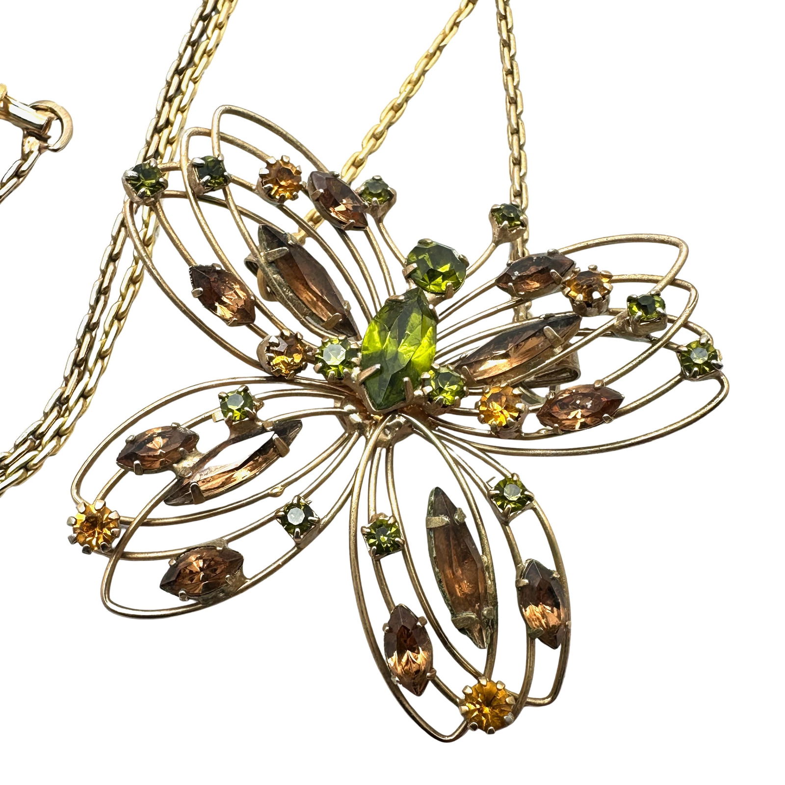 Vintage Amber Colored and Green Glass Rhinestone Butterfly Pendant Gold Tone 18 Inch Necklace (1 of 2)