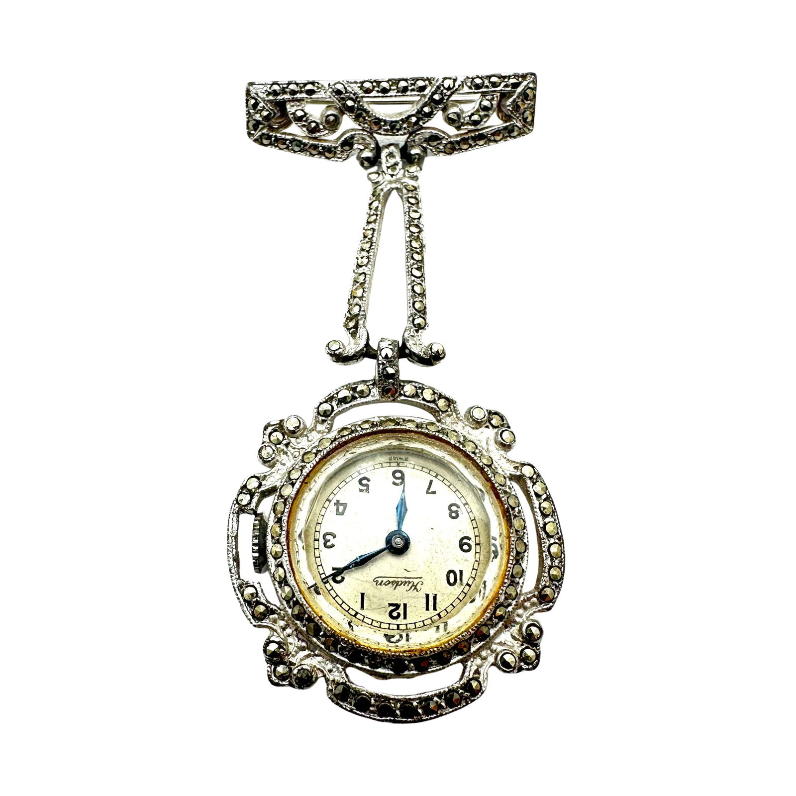 Vintage 1940s Era Hudson Watch Brooch Pin Silver Tone 2.5 Inch Selling As Is Runs When Wound (1 of 3)