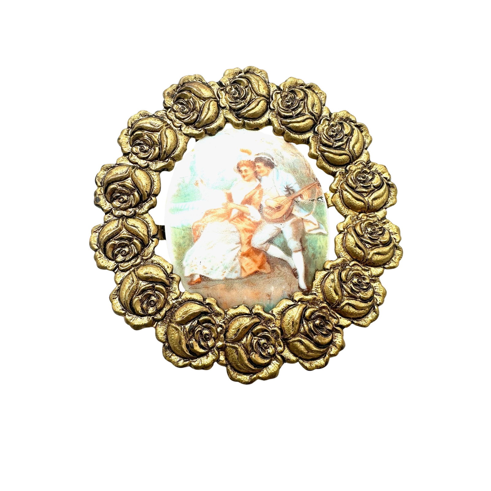 Antique Vintage Courting Couple Porcelain Antiqued Gold Tone Brooch Pin 2.75 Inch (1 of 2)