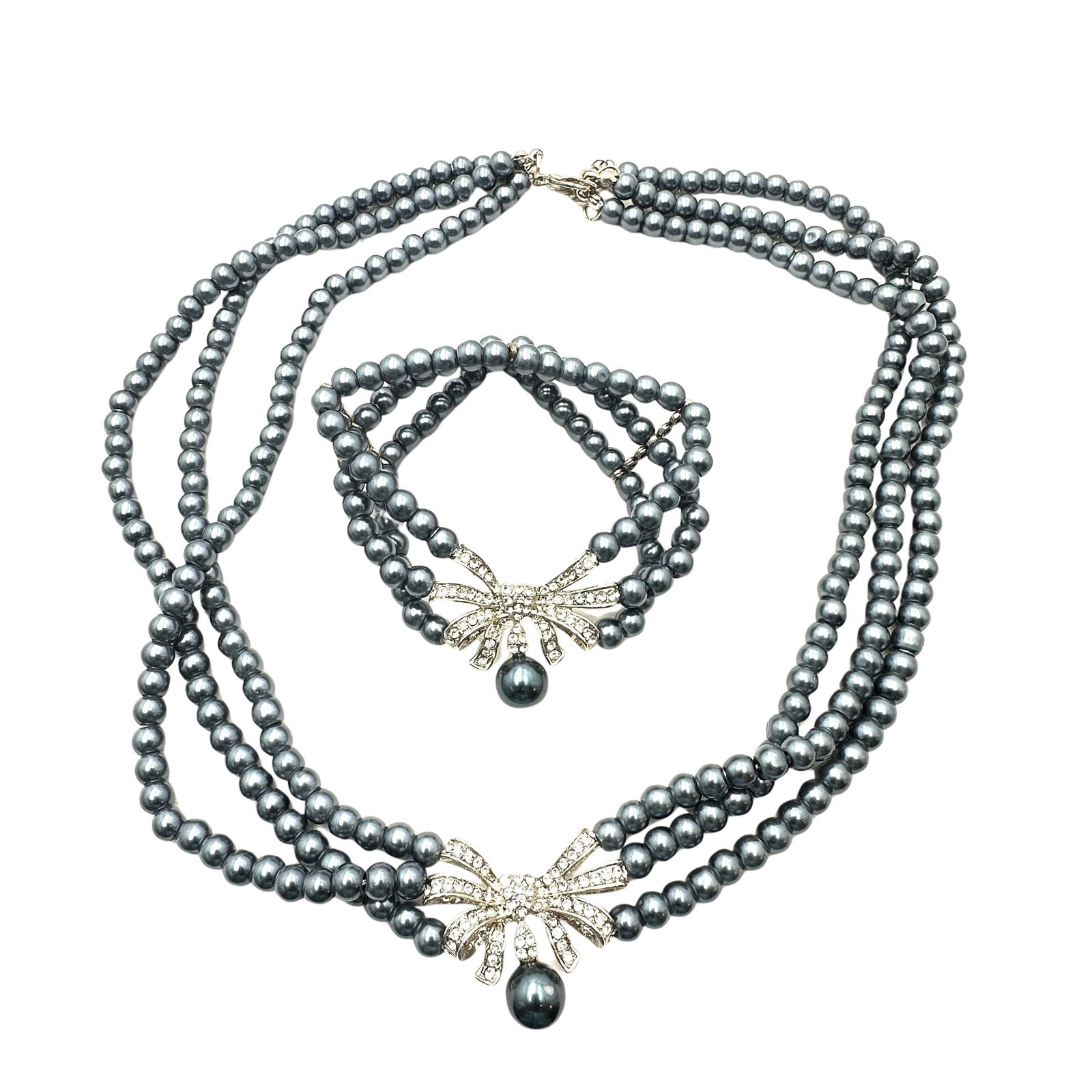 Vintage Faux Black Pearl Clear Rhinestone Silver Tone Bow Necklace and Bracelet Set: Vintage Faux Black Pearl Clear Rhinestone Silver Tone Bow Necklace and Bracelet Set