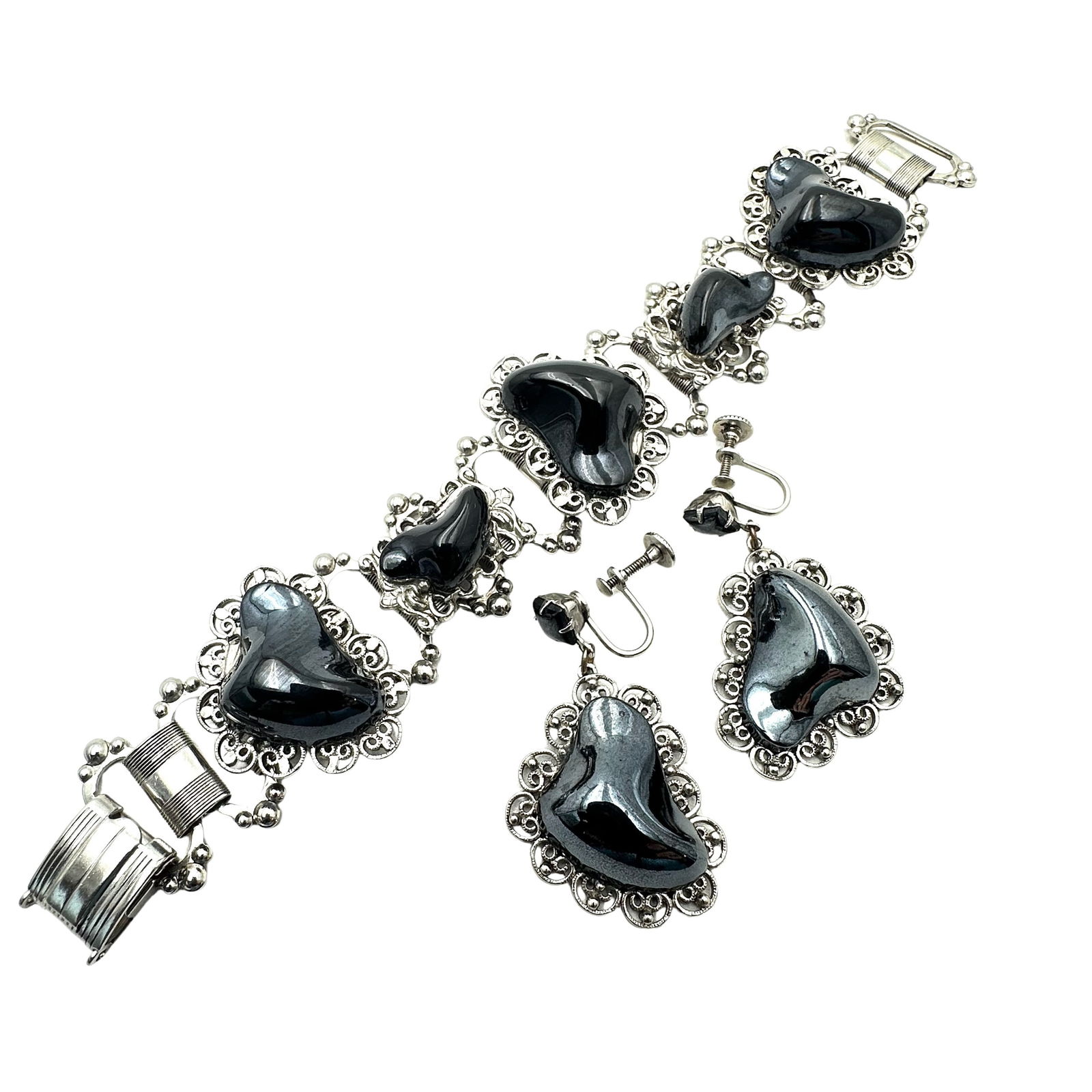 Vintage Black Lucite Silver Tone Wide Book Chain Bracelet 7 Inch and Matching Earrings: Vintage Black Lucite Silver Tone Wide Book Chain Bracelet 7 Inch and Matching Earrings