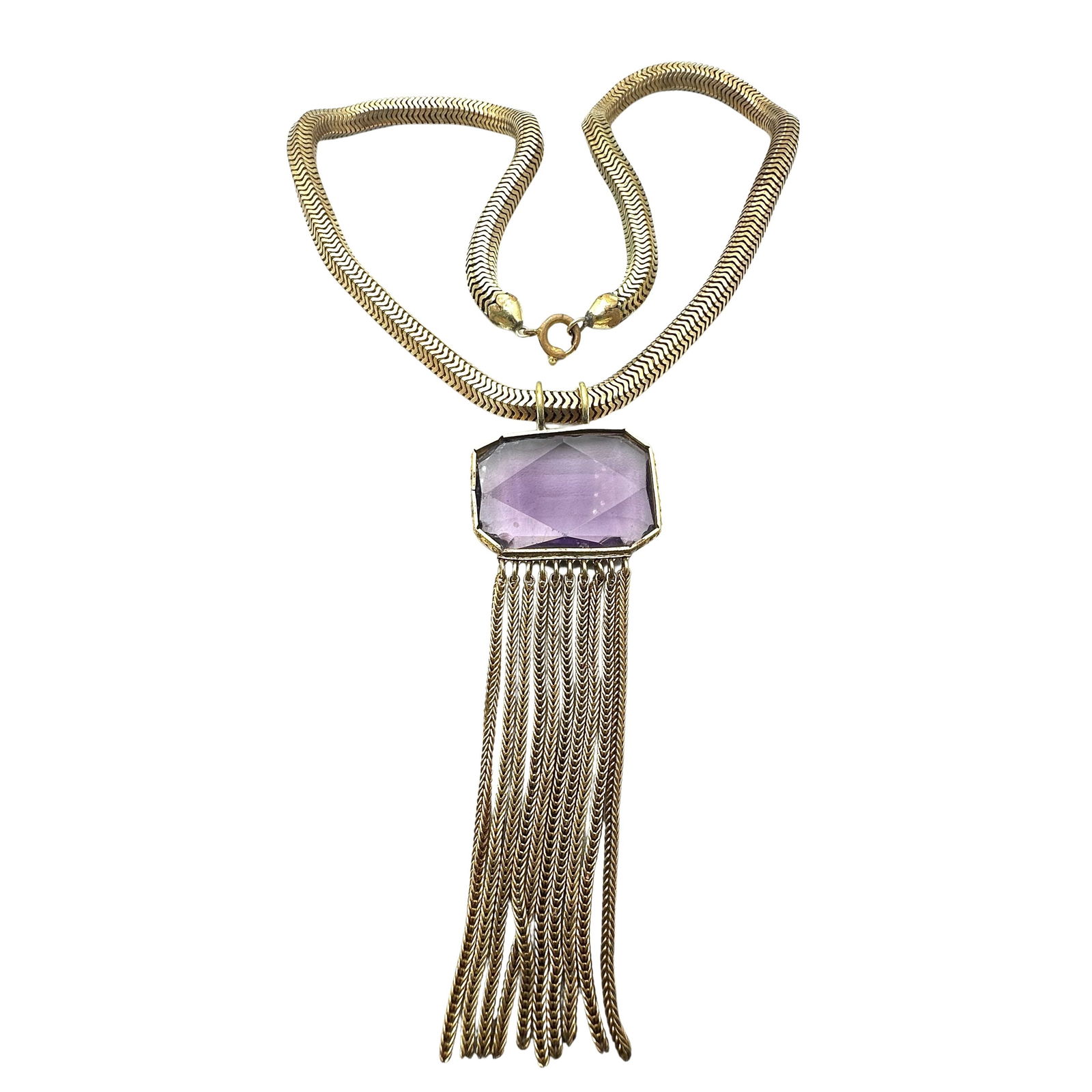 Antique Vintage Purple Czech Glass Pendant Antiqued Gold Tone Necklace 18 Inch (1 of 2)