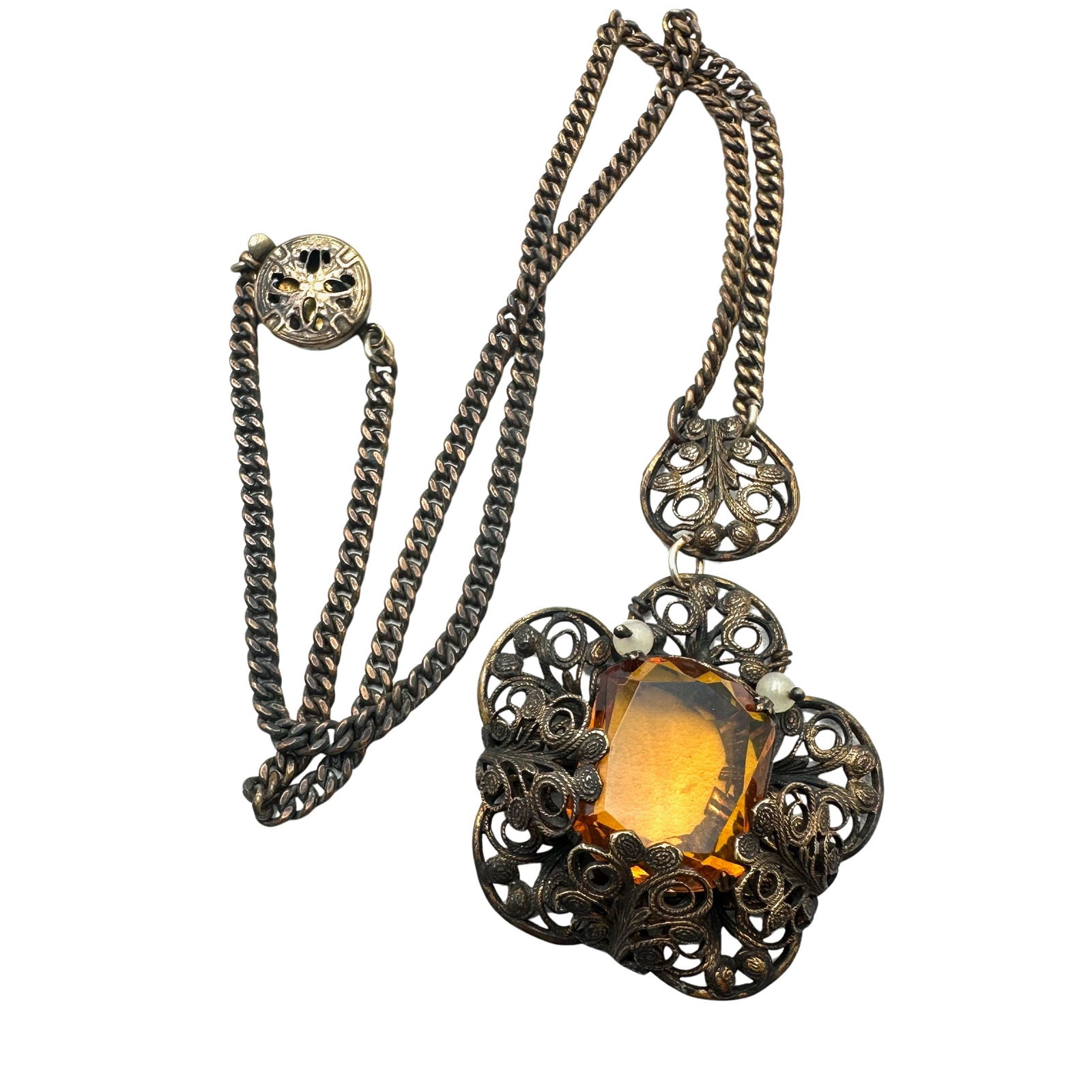 Antique Amber Colored Czech Glass Antiqued Gold Tone Filigree Necklace 16 Inch: Antique Amber Colored Czech Glass Antiqued Gold Tone Filigree Necklace 16 Inch