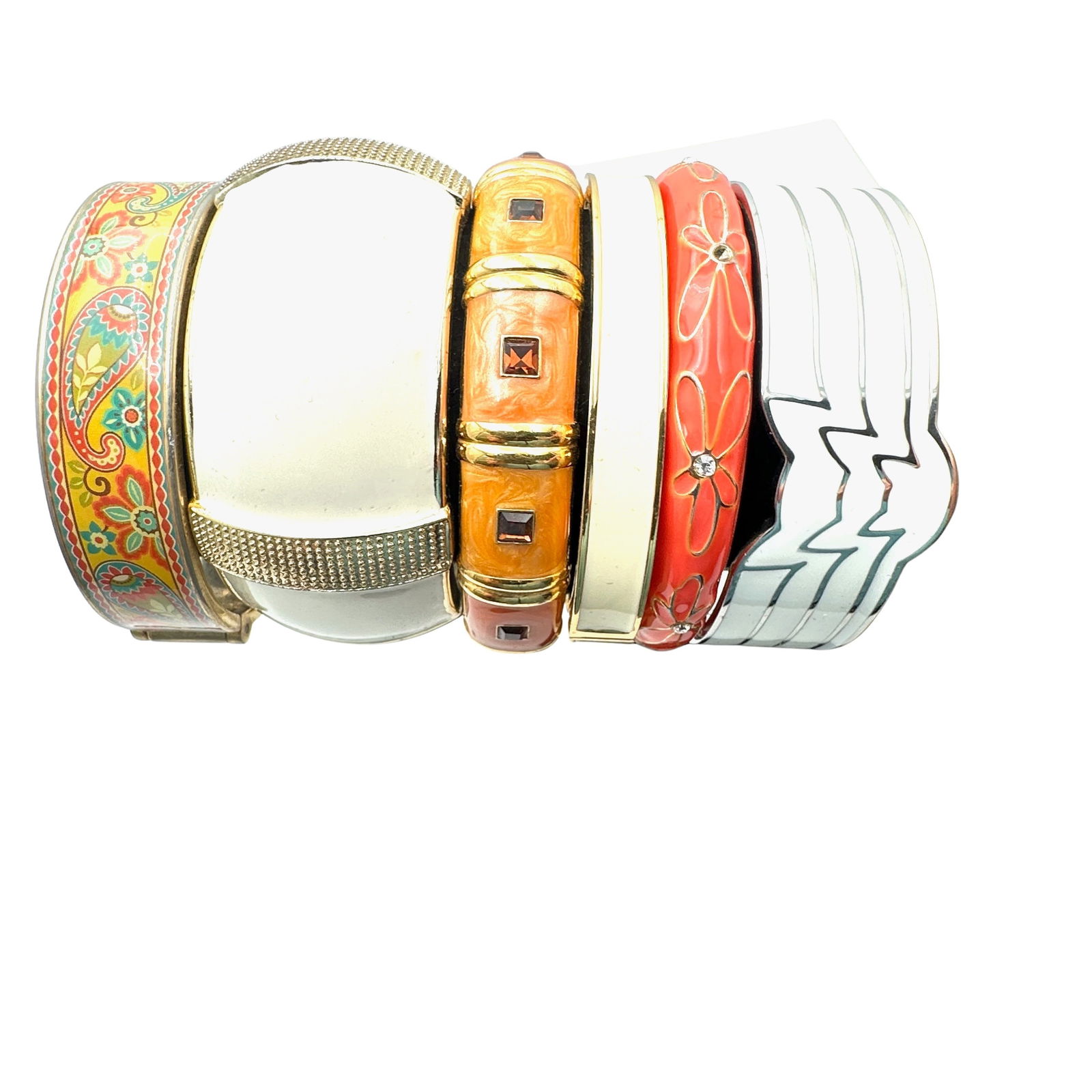 Vintage Jewelry Group Coral Pink White Enamel Gold Tone Bangle Bracelets (1 of 2)