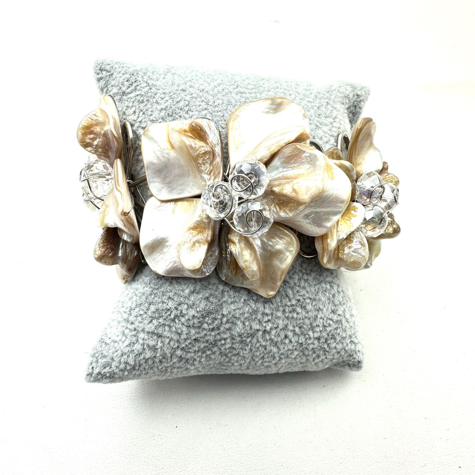 Artisan Pearl and Crystal Silver Tone Cuff Bracelet Adjustable Size Flower Design: Artisan Pearl and Crystal Silver Tone Cuff Bracelet Adjustable Size Flower Design