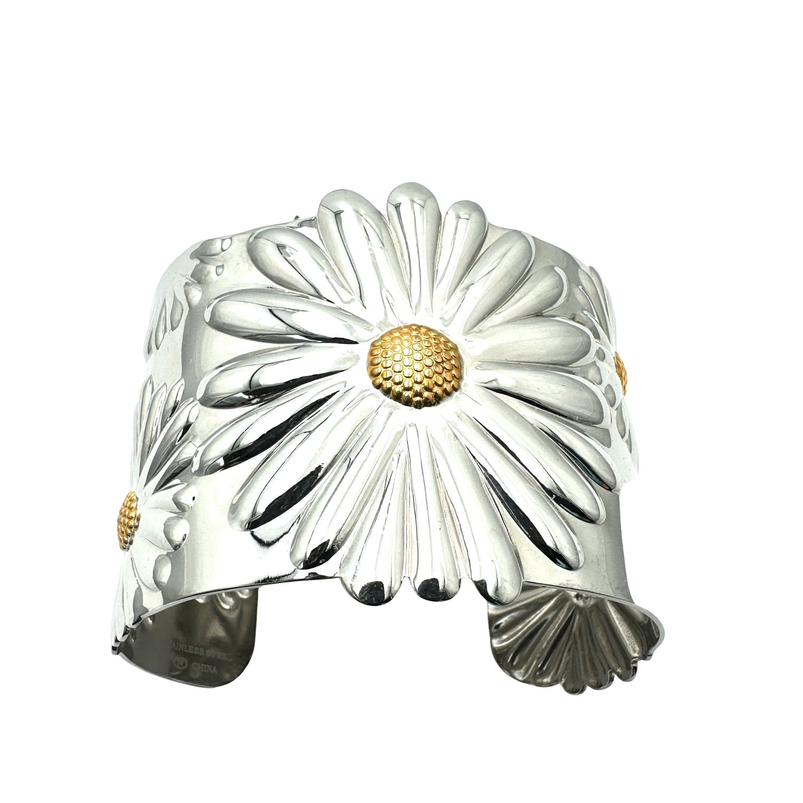 Gold And Silver Tone Daisy Flower Wide Cuff Bracelet: Gold And Silver Tone Daisy Flower Wide Cuff Bracelet
